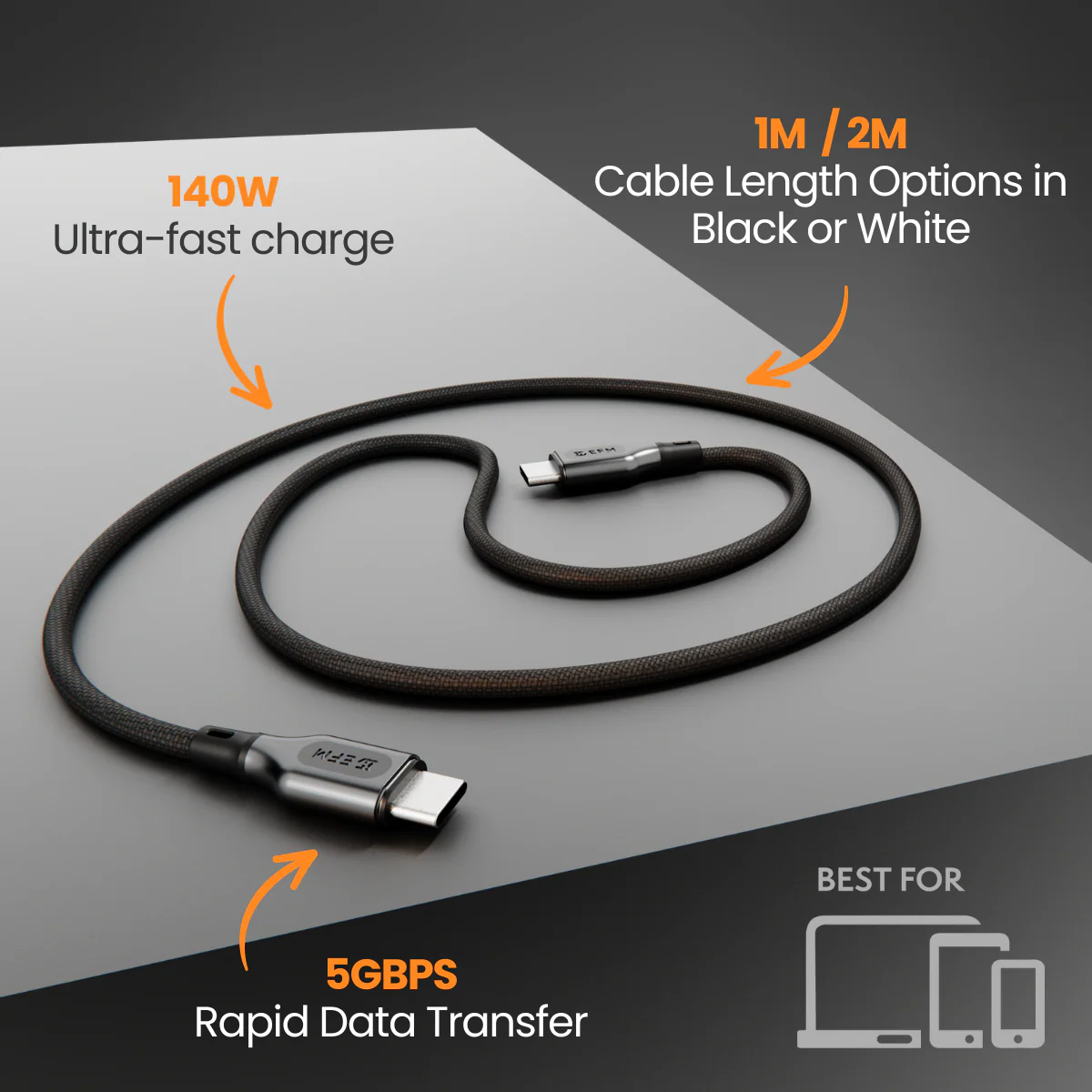 EFM 140W Pro Power and Data USB-C Cable - With 2M Braided Cable - Black - Image 2
