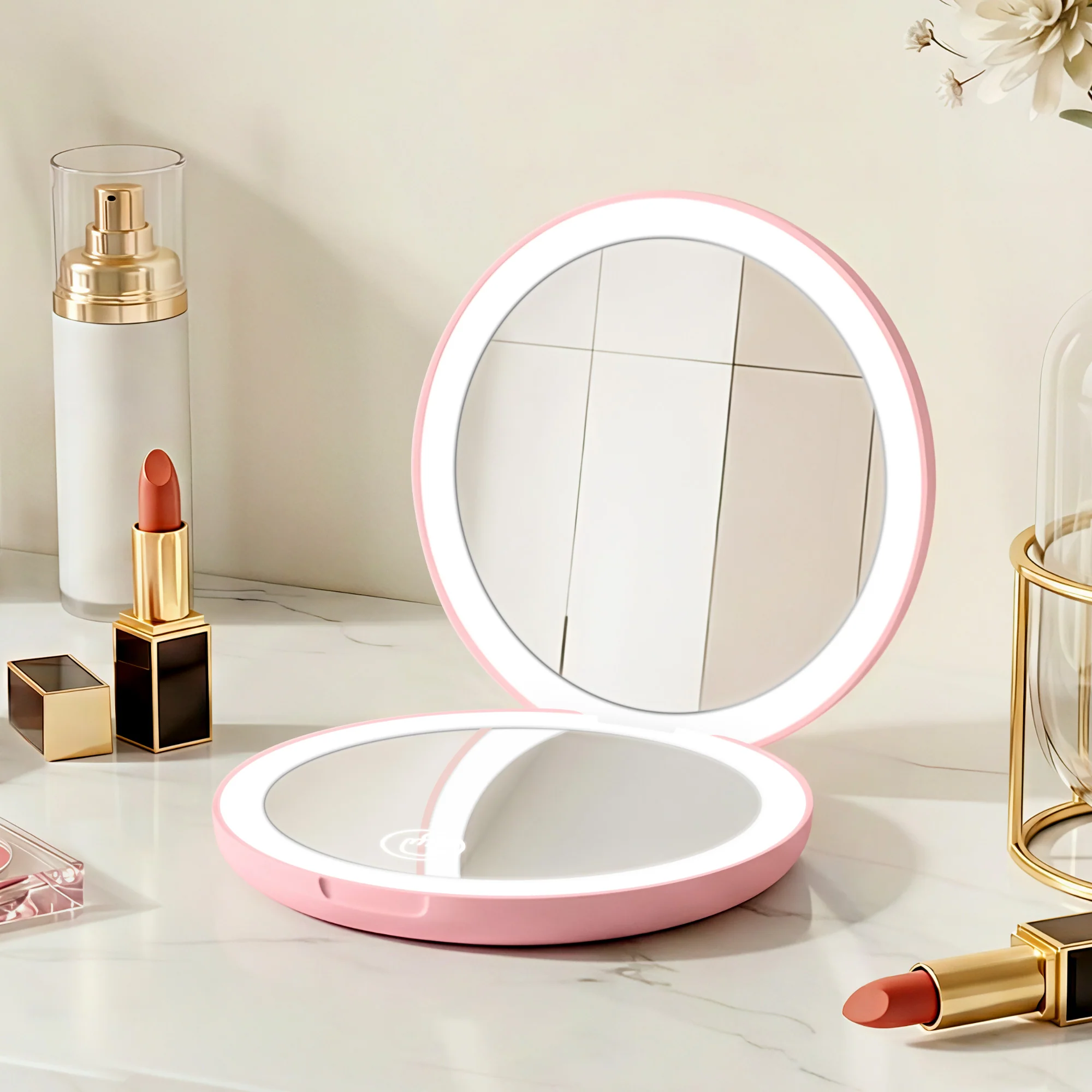 Embellir LED Compact Mirror Lighted Travel Makeup Mirror Pocket-Sized 1x 10x Magnification Round Pink - Image 2
