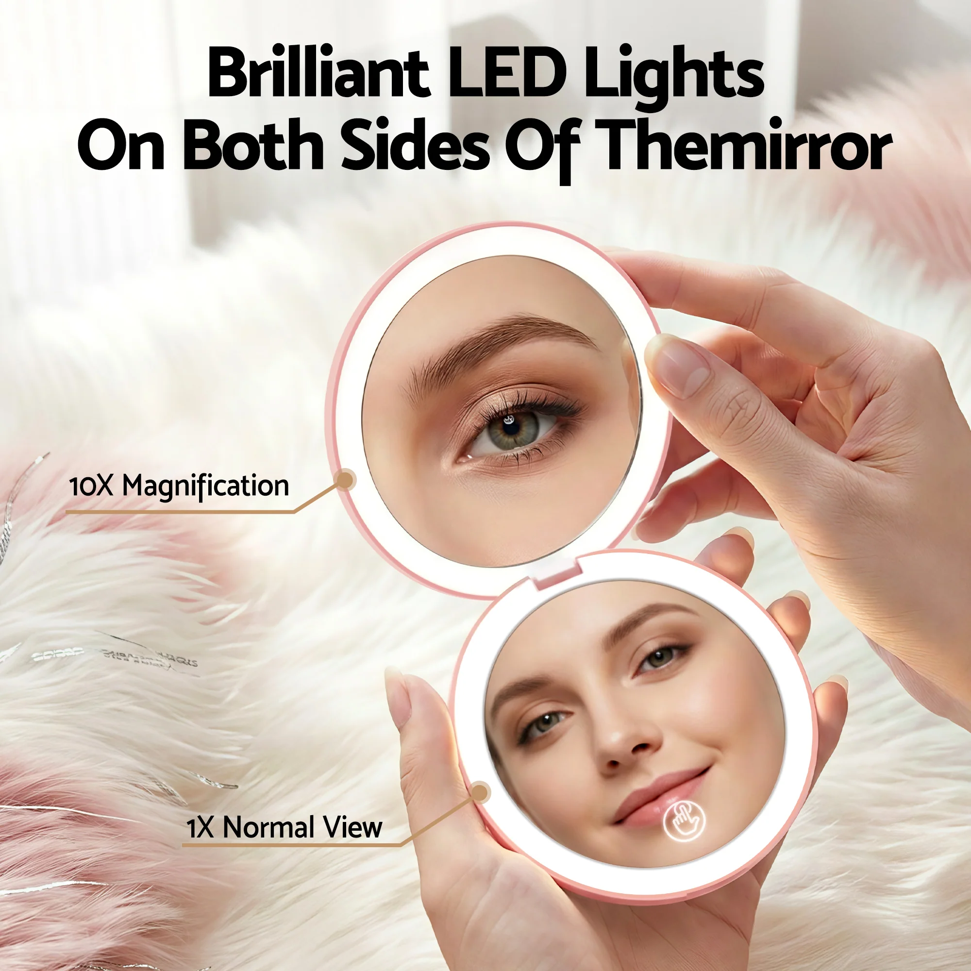 Embellir LED Compact Mirror Lighted Travel Makeup Mirror Pocket-Sized 1x 10x Magnification Round Pink - Image 5