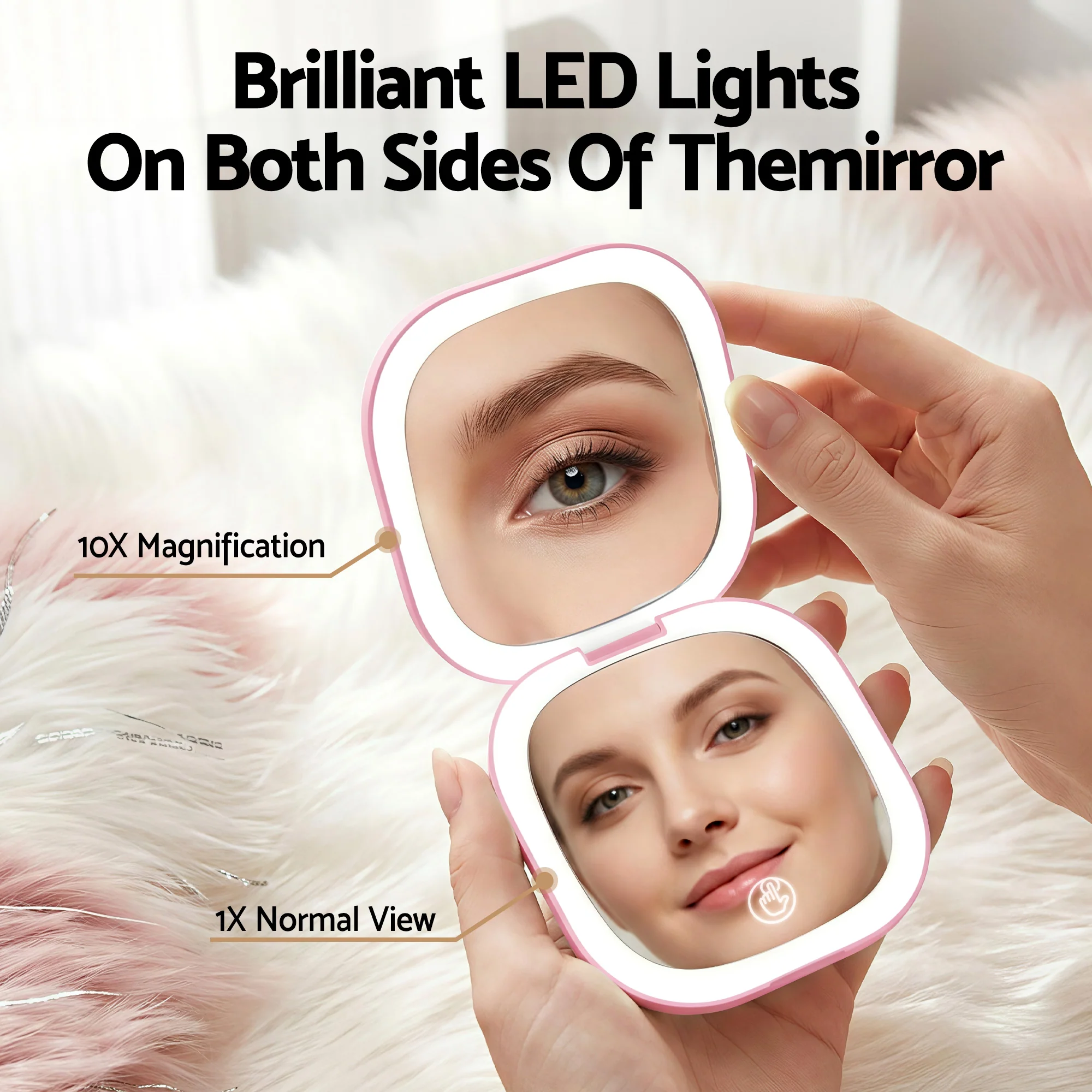 Embellir LED Compact Mirror Lighted Travel Makeup Mirror Pocket-Sized 1x 10x Magnification Square Pink - Image 5