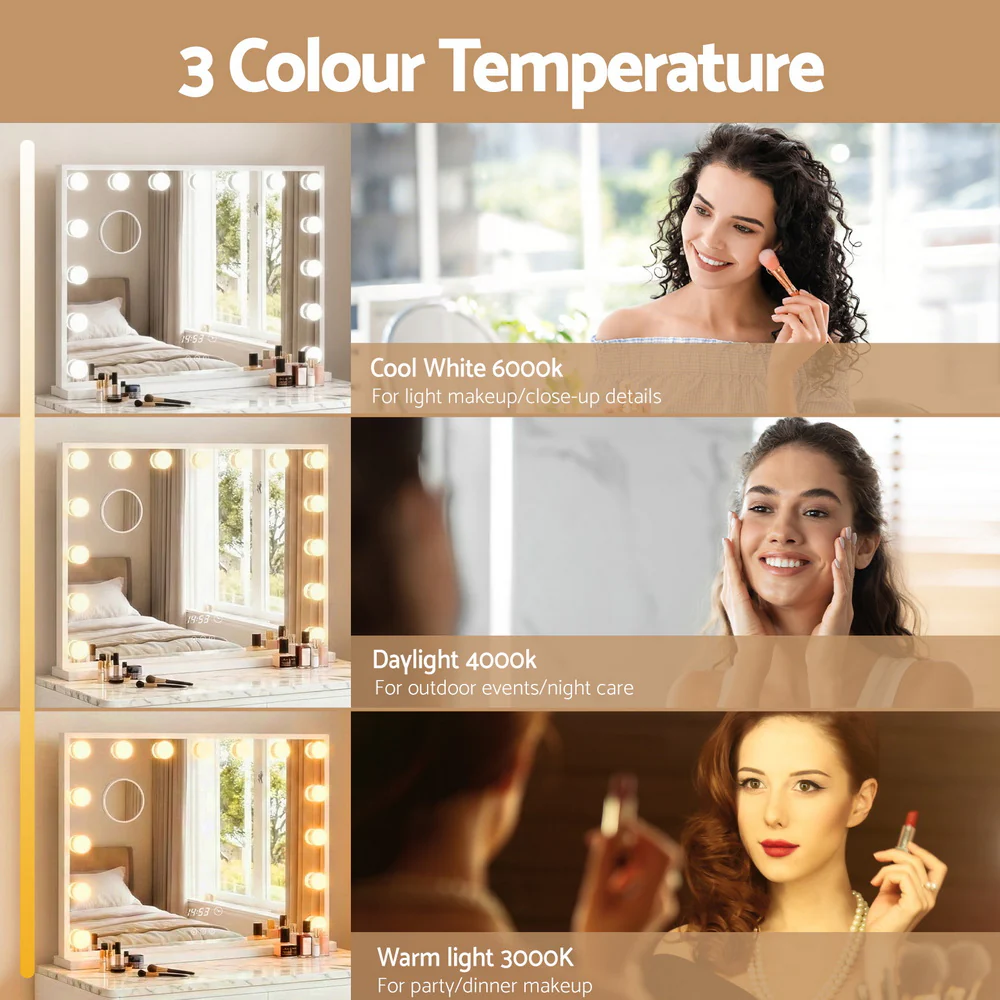 Embellir Makeup Mirror 60x52cm Hollywood Vanity with LED Light Tabletop White - Image 5