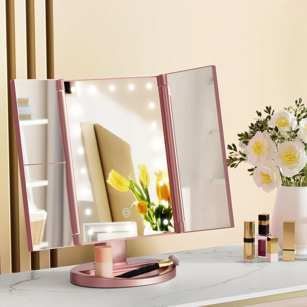 Embellir Tri-fold Makeup Mirror 1X2X3X Magnifying with LED Light Travel Portable Pink - Image 2
