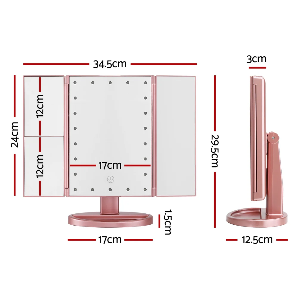 Embellir Tri-fold Makeup Mirror 1X2X3X Magnifying with LED Light Travel Portable Pink - Image 3