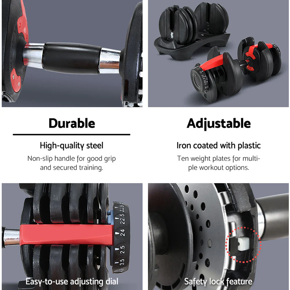 Everfit 24kg Dumbbells Adjustable Dumbbell Weight Plates Home Gym 2pcs - Image 5