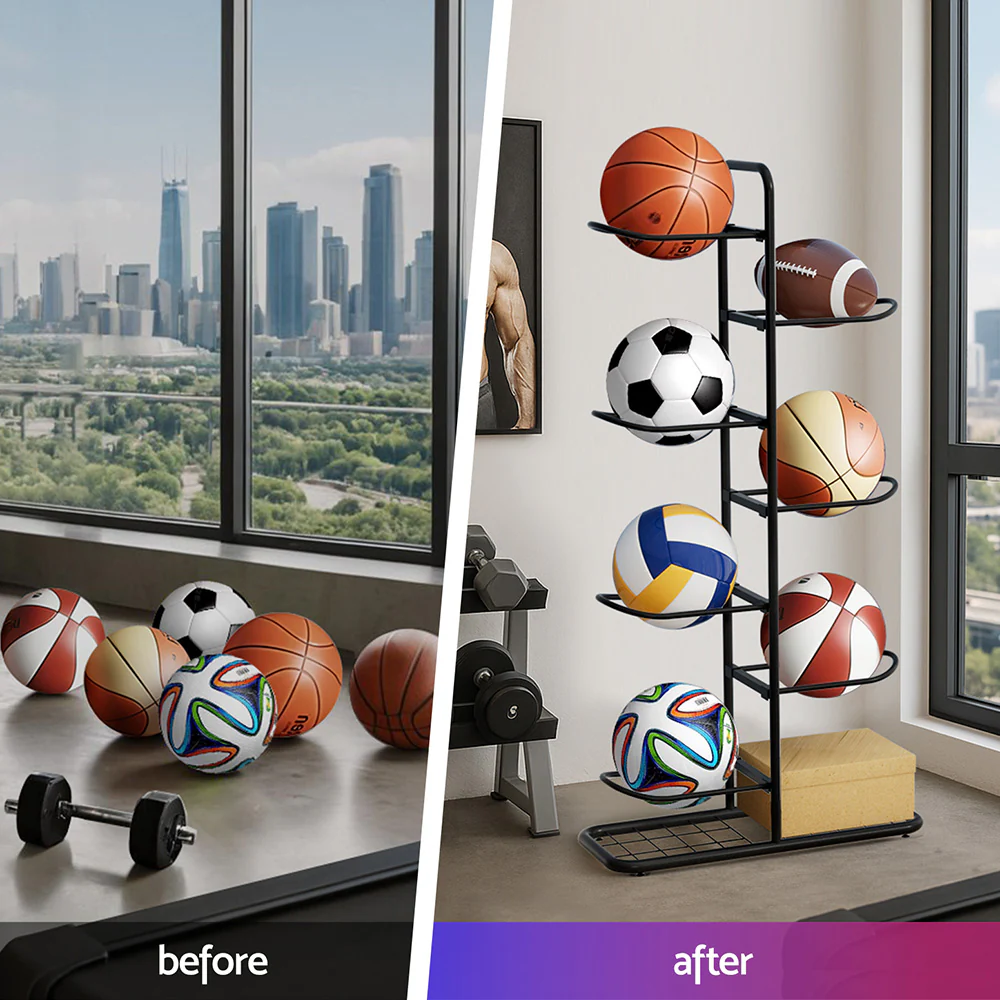 Everfit Ball Storage Rack Sports Equipment Organizer 7-Tier Holder for Garage Gym Black - Image 5