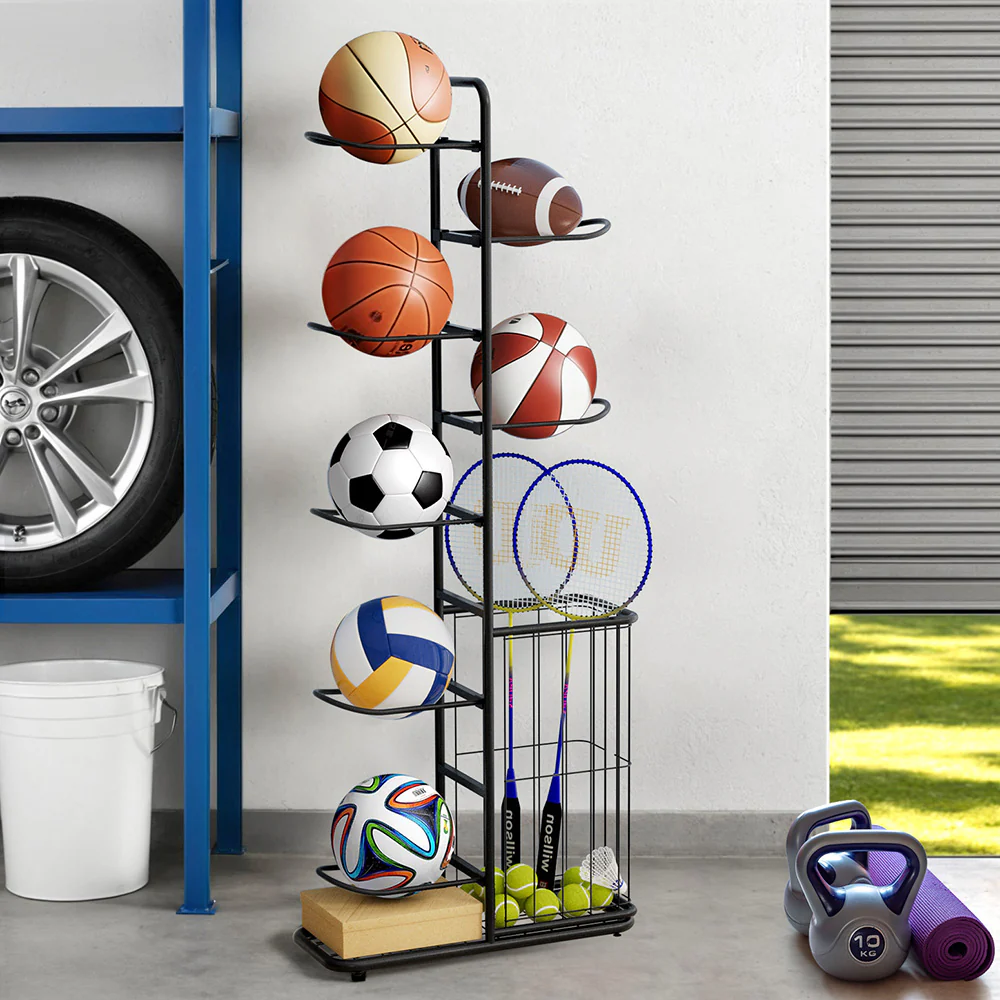 Everfit Ball Storage Rack Sports Equipment Organizer 7-Tier with Basket for Garage Gym Black - Image 2