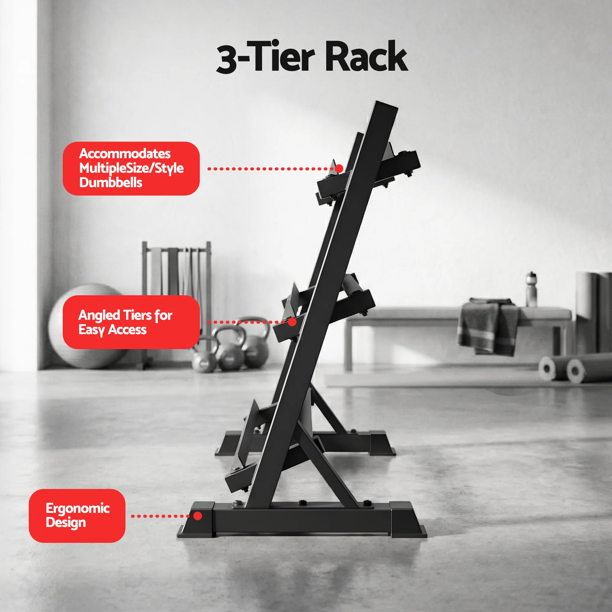 Everfit Dumbbell Rack 3-Tier Heavy Duty Weight Storage for Home Gym 300kg Capacity Black - Image 5