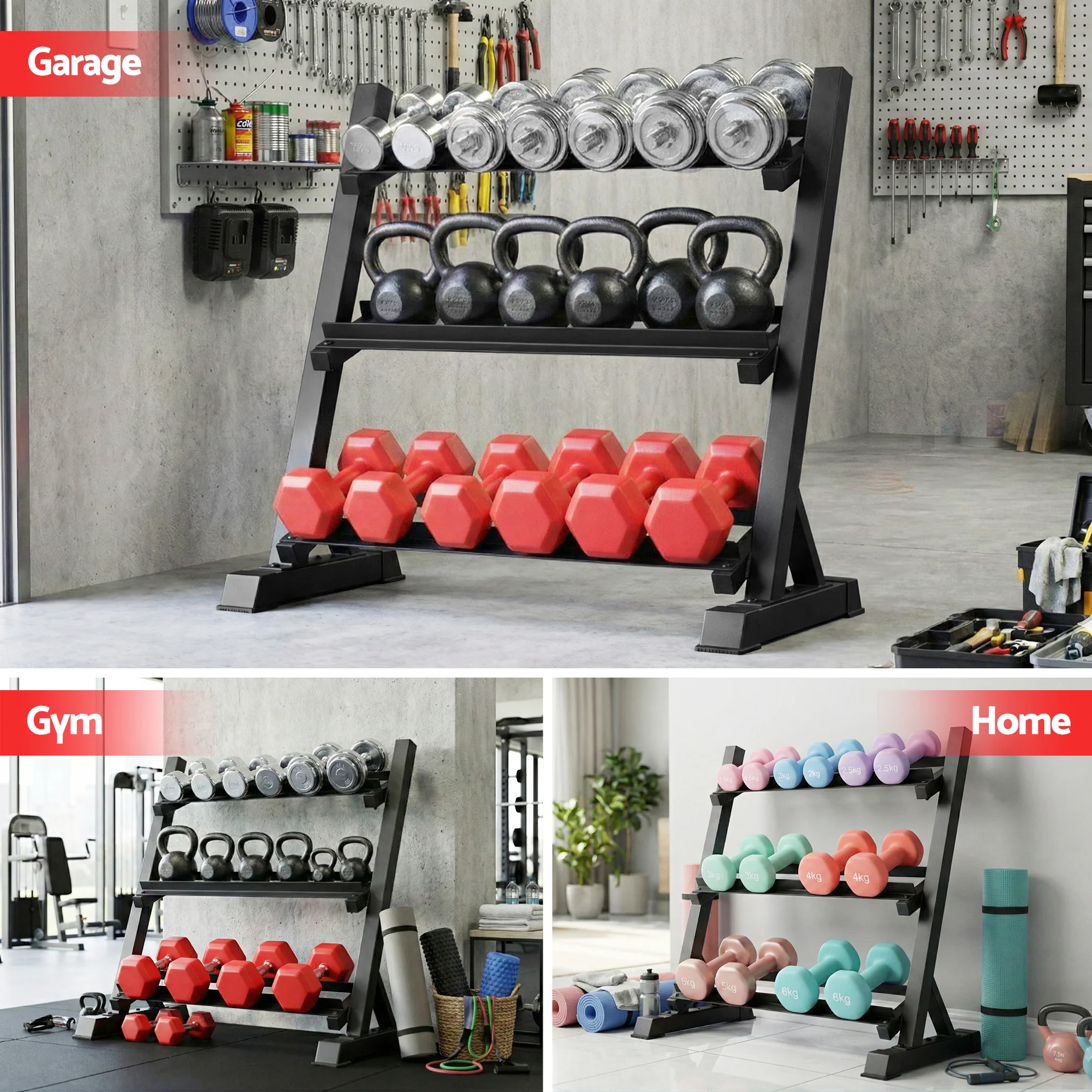 Everfit Dumbbell Rack 3-Tier Heavy Duty Weight Storage for Home Gym 300kg Capacity Black - Image 7
