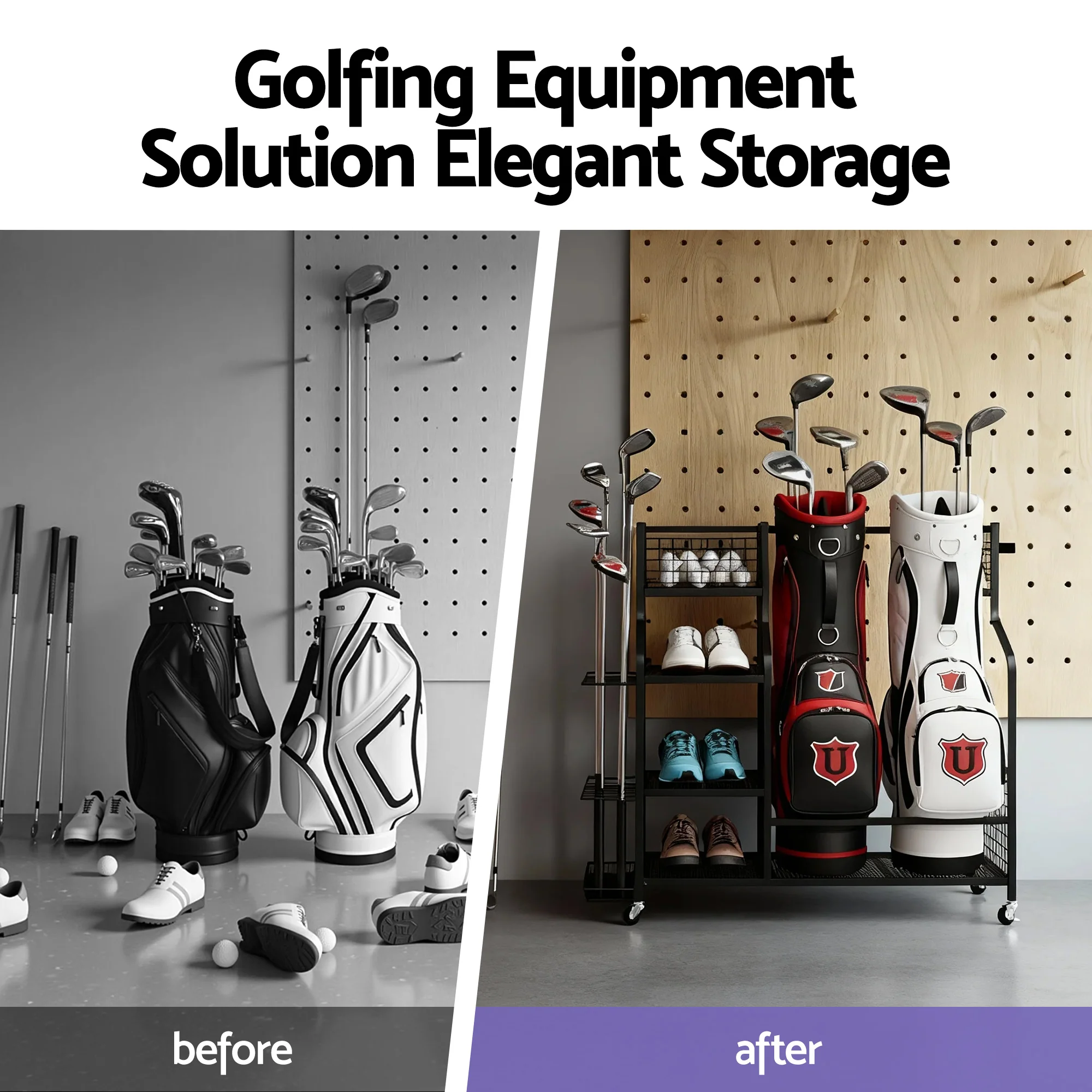Everfit Golf Bag Storage Golf Storage Garage Organizer with Wheels Black - Image 5