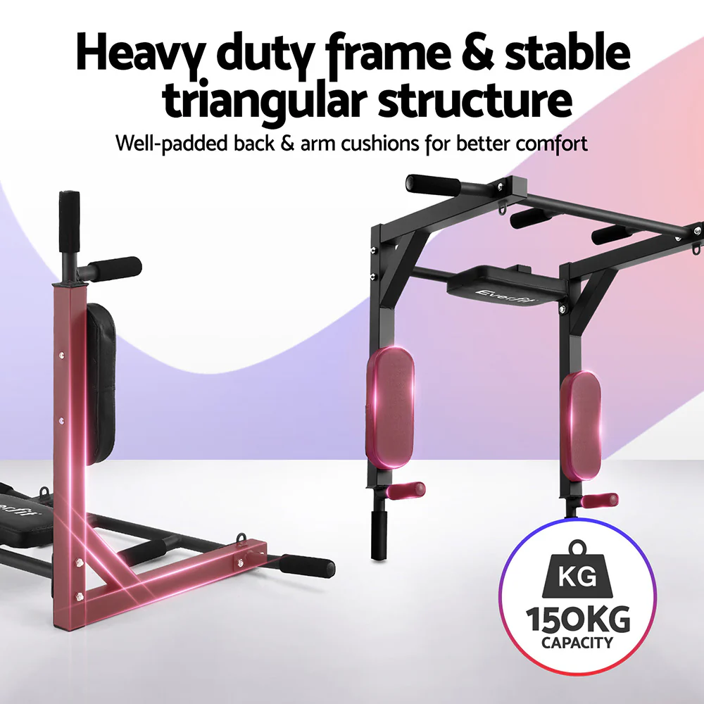 Everfit Pull Up Bar Dip Station Multi Gym 150kg Home Power Station (Black/Red) - Image 5