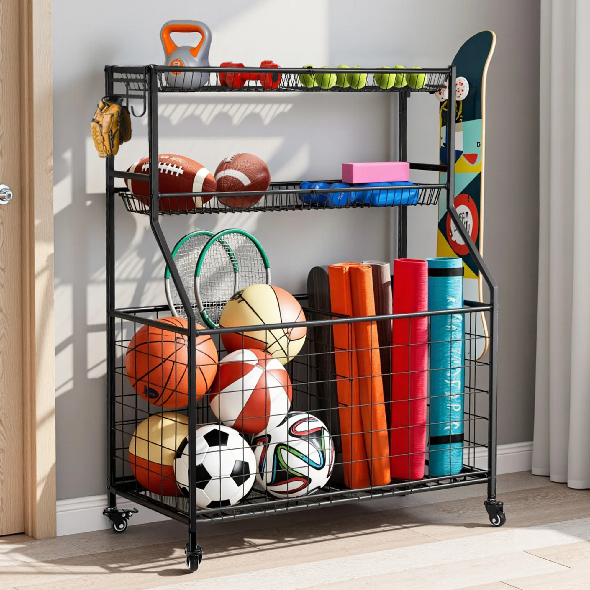Everfit Sports Equipment Organizer Storage with Wheels Multi-Sport Garage Gym Black - Image 2