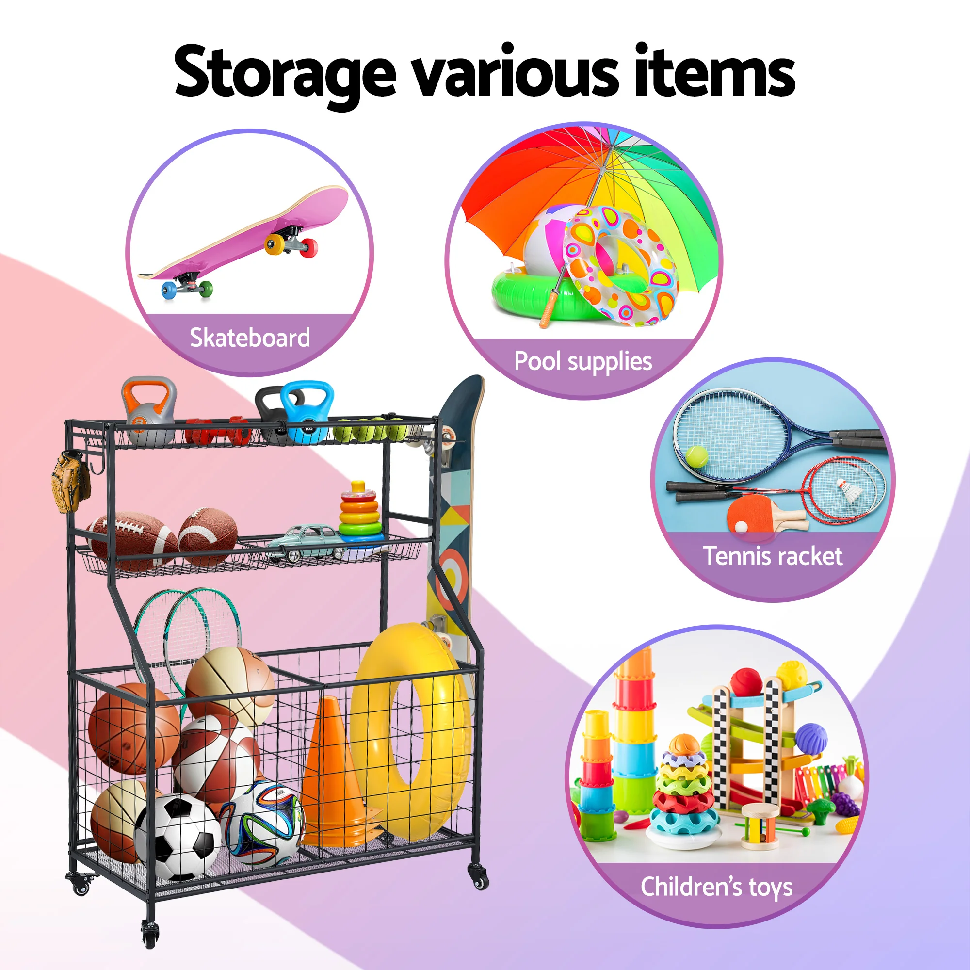 Everfit Sports Equipment Organizer Storage with Wheels Multi-Sport Garage Gym Black - Image 5