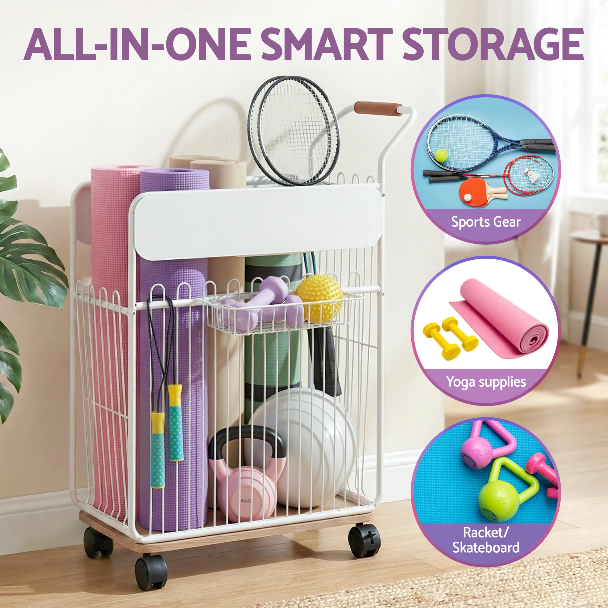 Everfit Yoga Mat Storage Rack Mobile Holder with Wheels Basket Home Gym Storage Organizer White - Image 5
