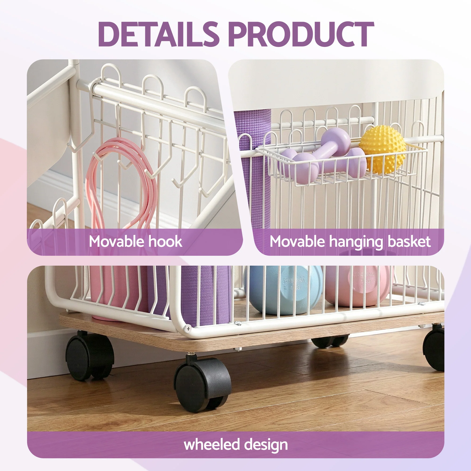 Everfit Yoga Mat Storage Rack Mobile Holder with Wheels Basket Home Gym Storage Organizer White - Image 7