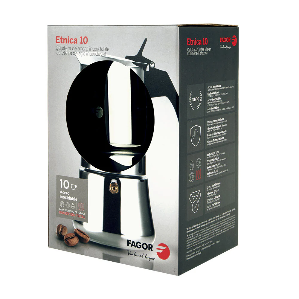 Fagor Etnica Stainless Steel 10 Cups Espresso Coffee Maker Moka Pot Silver - Image 2