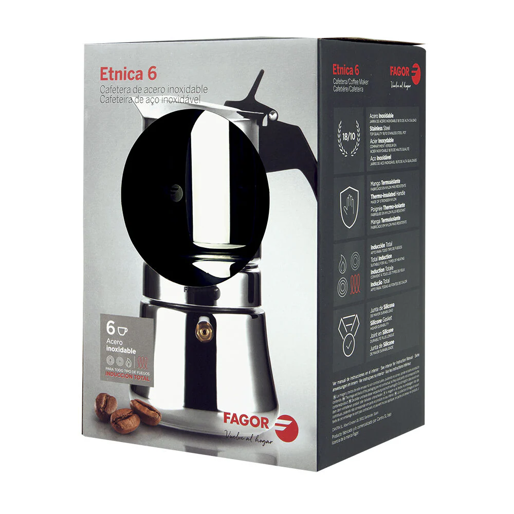 Fagor Etnica Stainless Steel 6 Cups Espresso Coffee Maker Moka Pot Silver - Image 2
