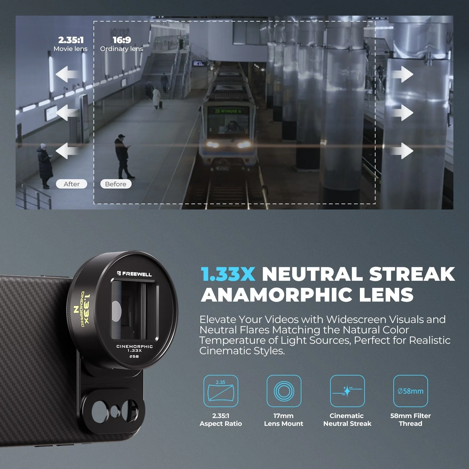 Freewell 1.33x Neutral Streak Anamorphic Lens with 17mm Mount for Freewell 17mm Mount iPhone Cases - Image 3