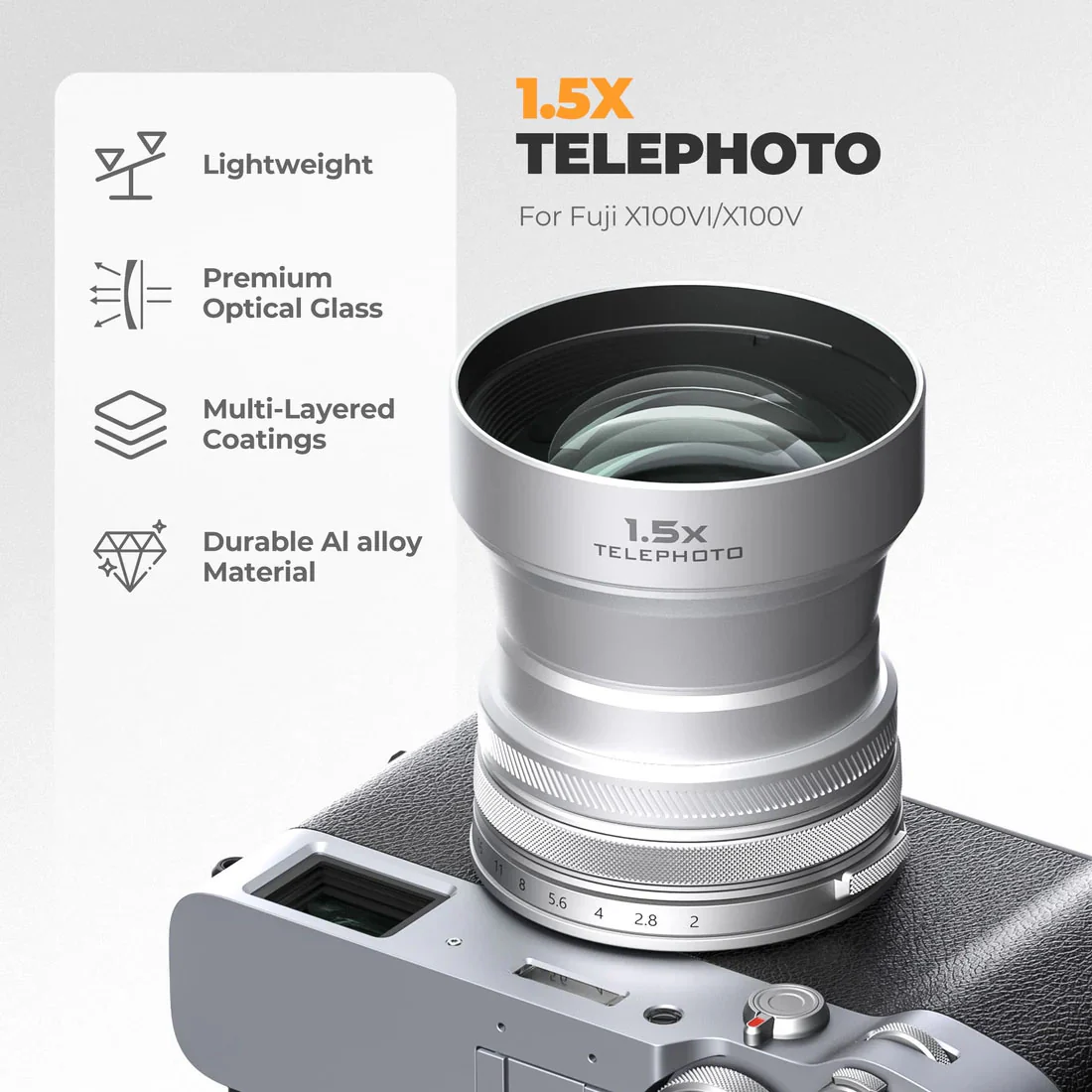 Freewell 1.5X Telephoto Lens for FUJI X100VI X100V (Black) - Image 2