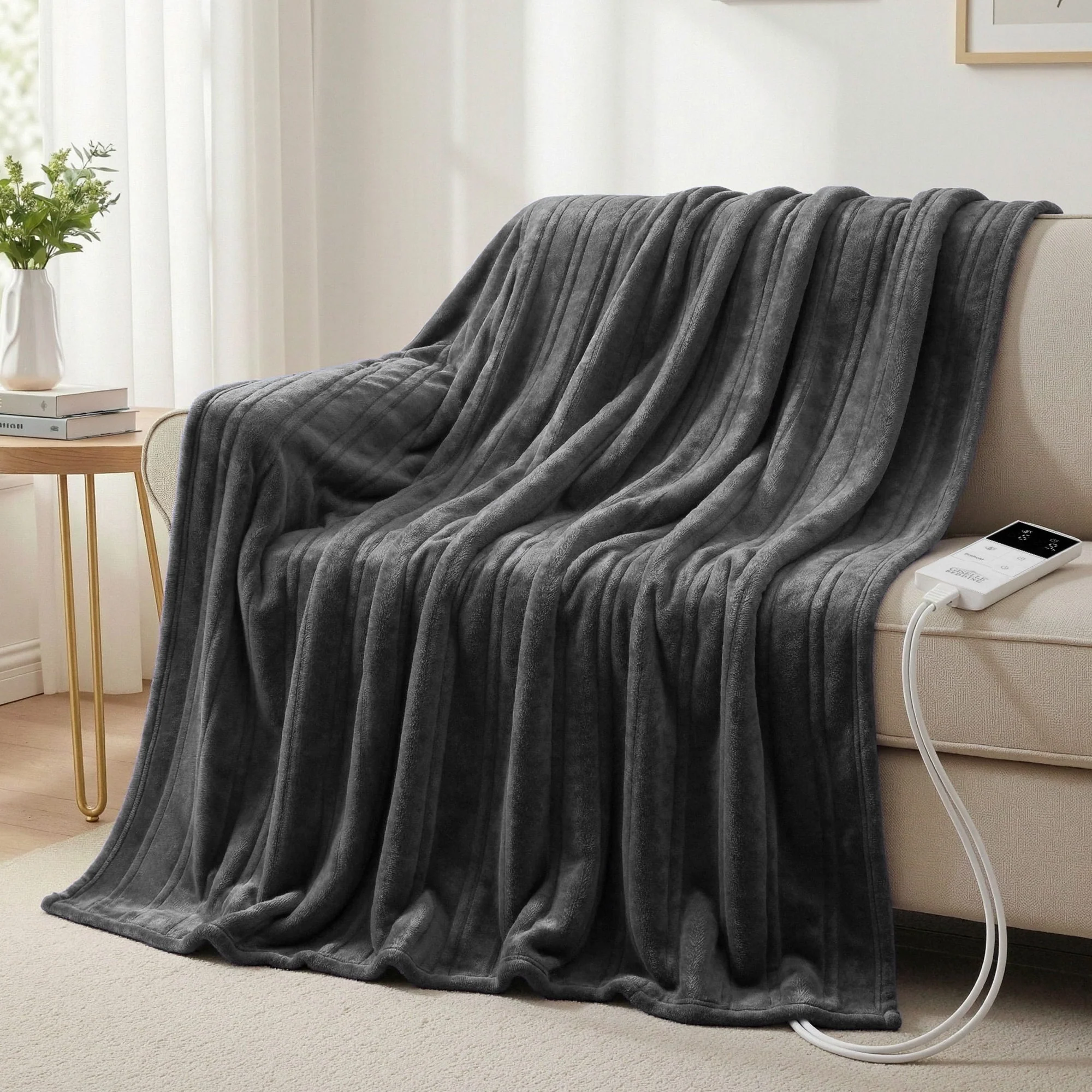 Giselle Electric Throw Rug Double Size 200x180cm Coral Fleece Heated Blanket (Grey) - Image 2