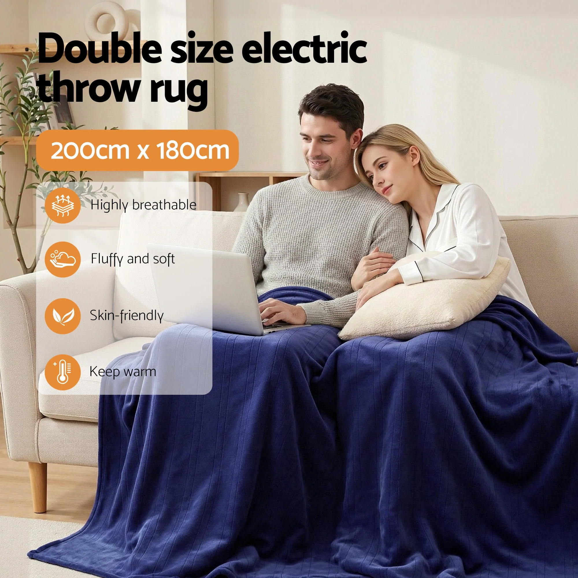 Giselle Electric Throw Rug Double Size 200x180cm Coral Fleece Heated Blanket (Navy Blue) - Image 5