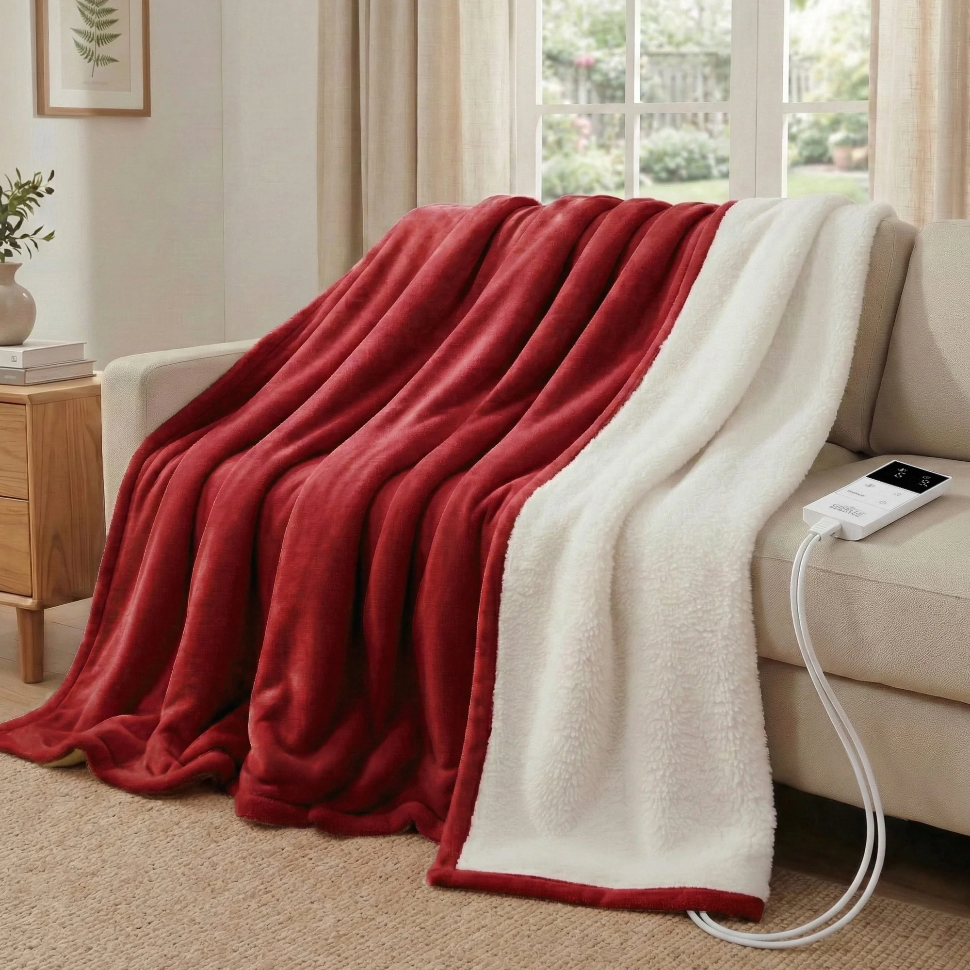 Giselle Electric Throw Rug Double Size 200x180cm Fleece Flannel Heated Blanket (Burgundy) - Image 2