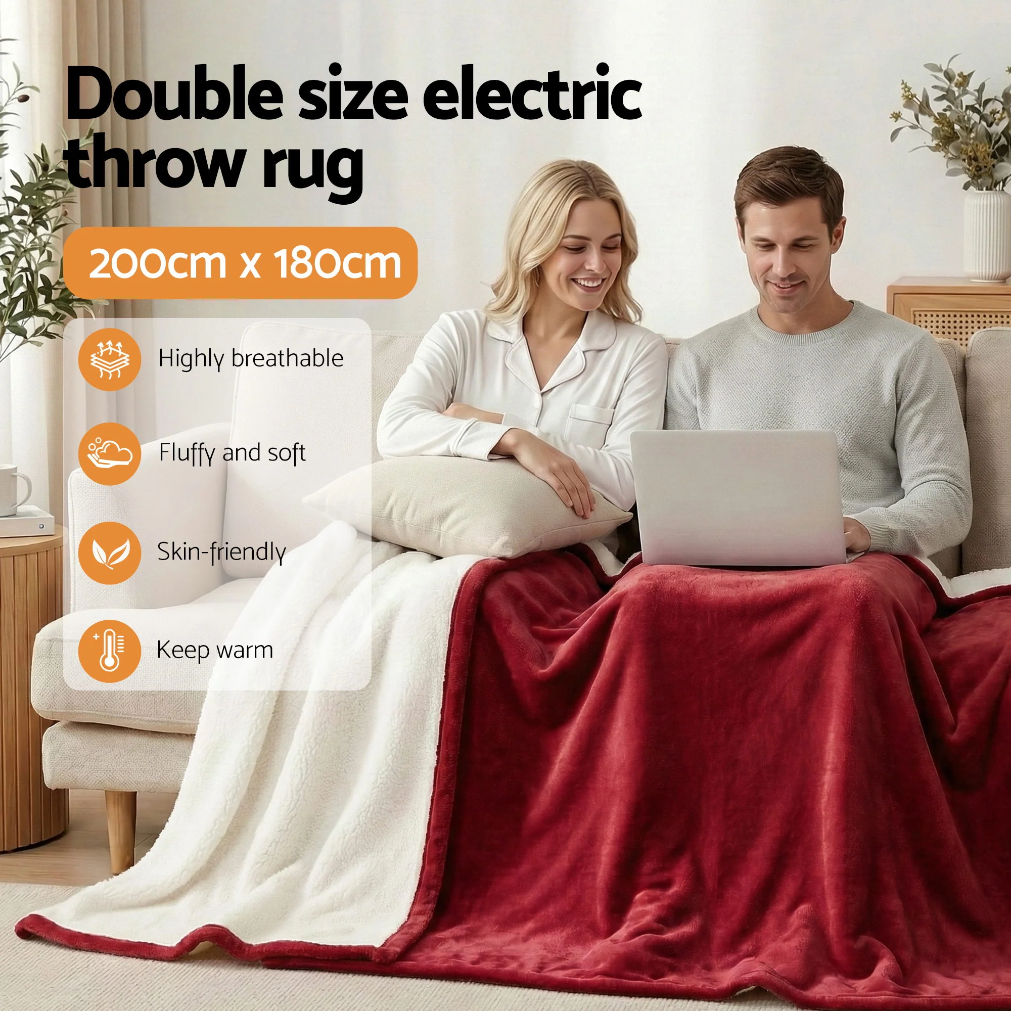 Giselle Electric Throw Rug Double Size 200x180cm Fleece Flannel Heated Blanket (Burgundy) - Image 5