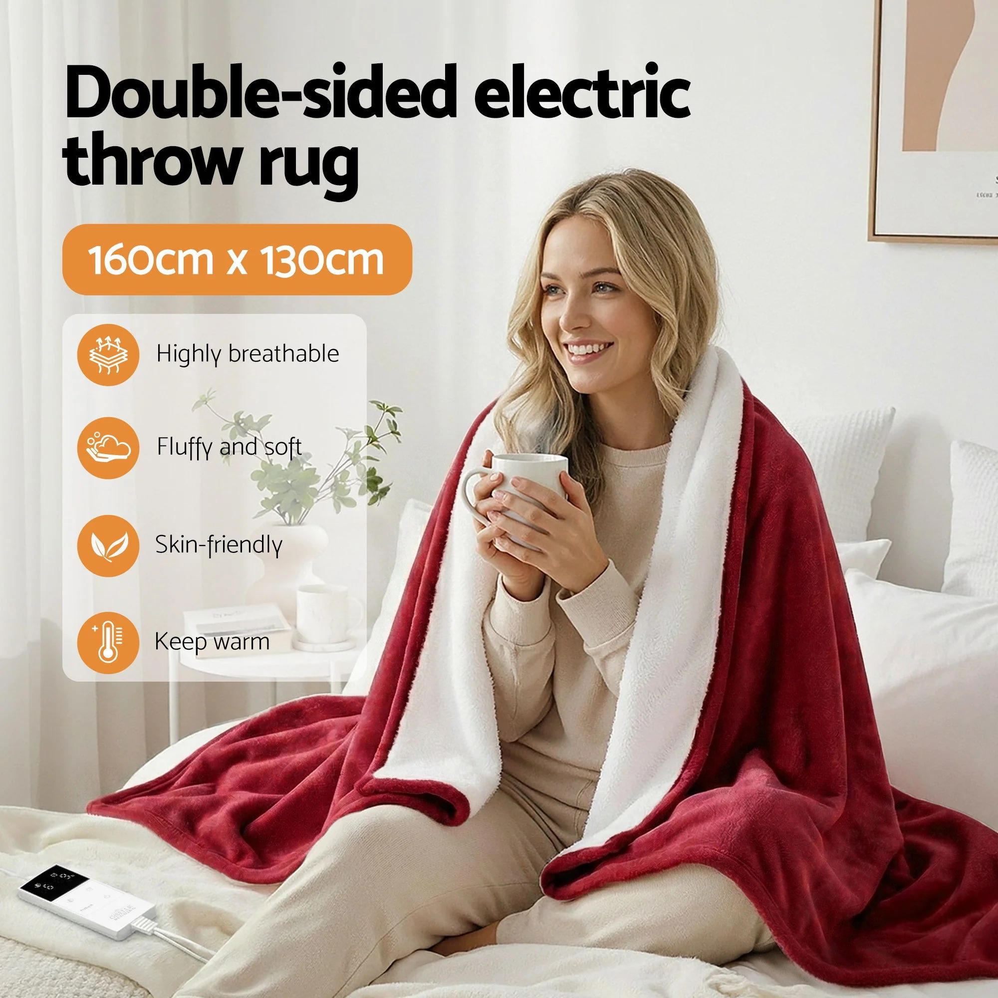 Giselle Electric Throw Rug Dual Side Fleece Flannel Heated Blanket (Burgundy) - Image 5