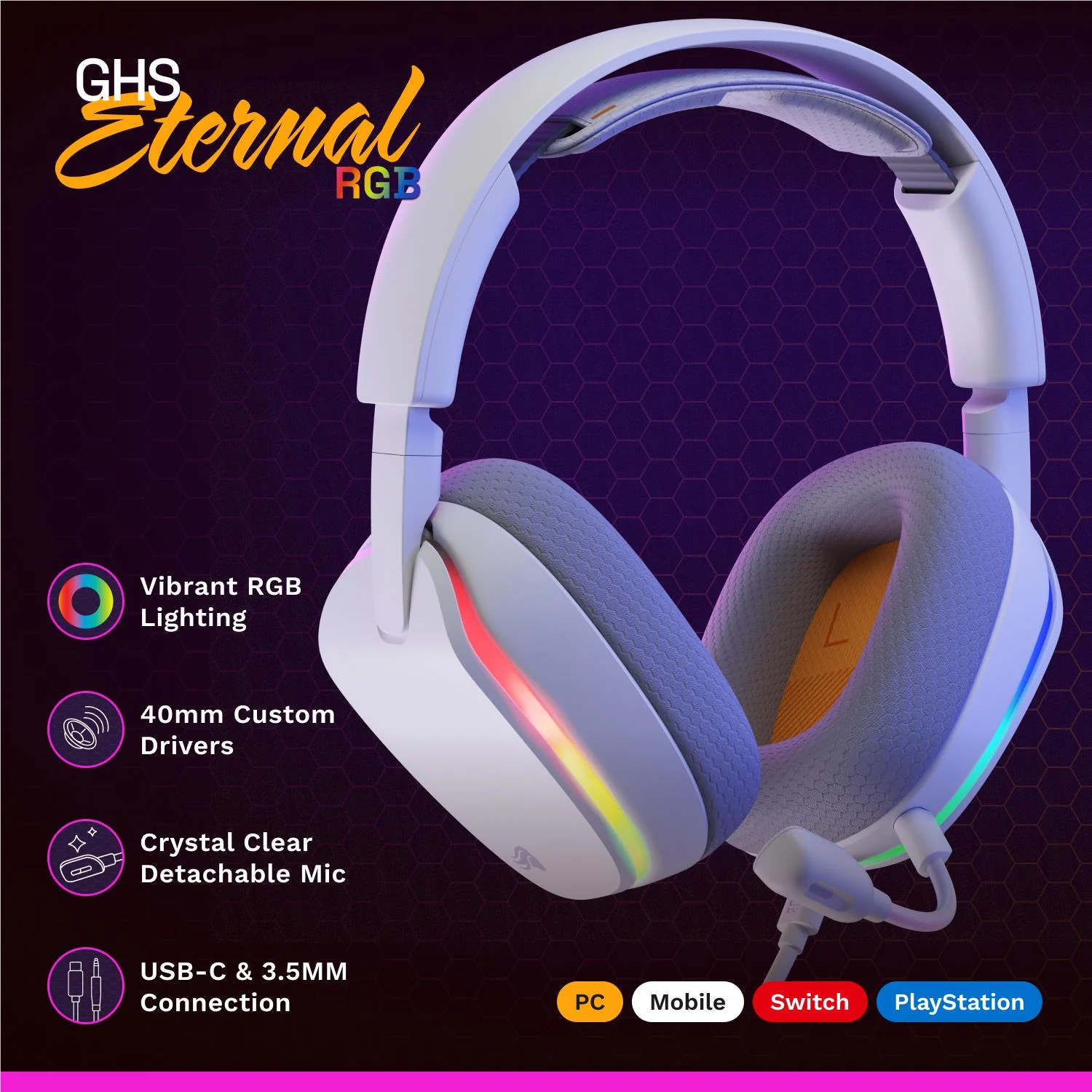 Glorious GHS Eternal RGB Stereo RGB Gaming Headset for PS5, PS4, Switch and PC (White) - Image 4