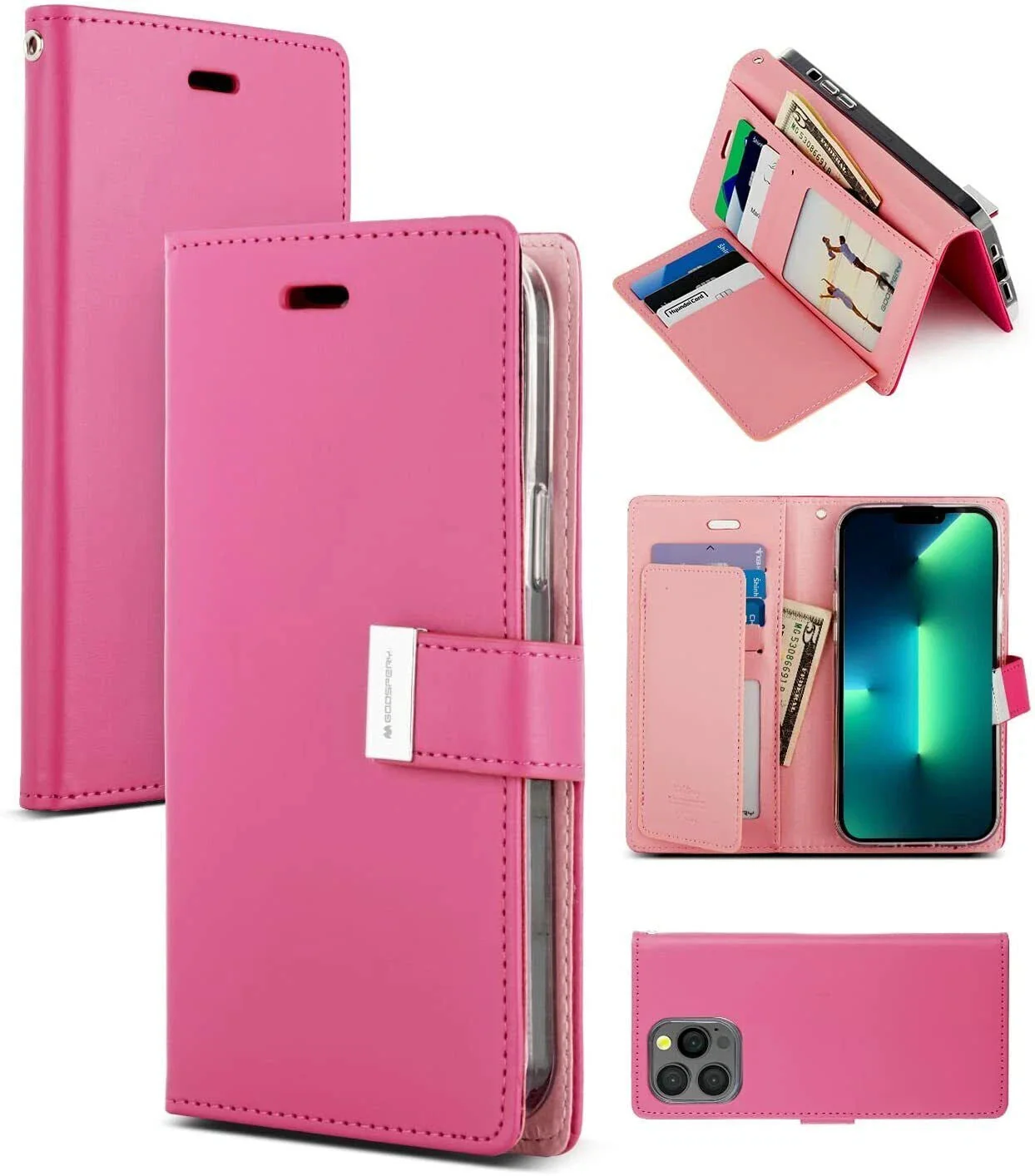 Goospery Rich Diary case for iPhone 15 Plus - Hot Pink - Image 5