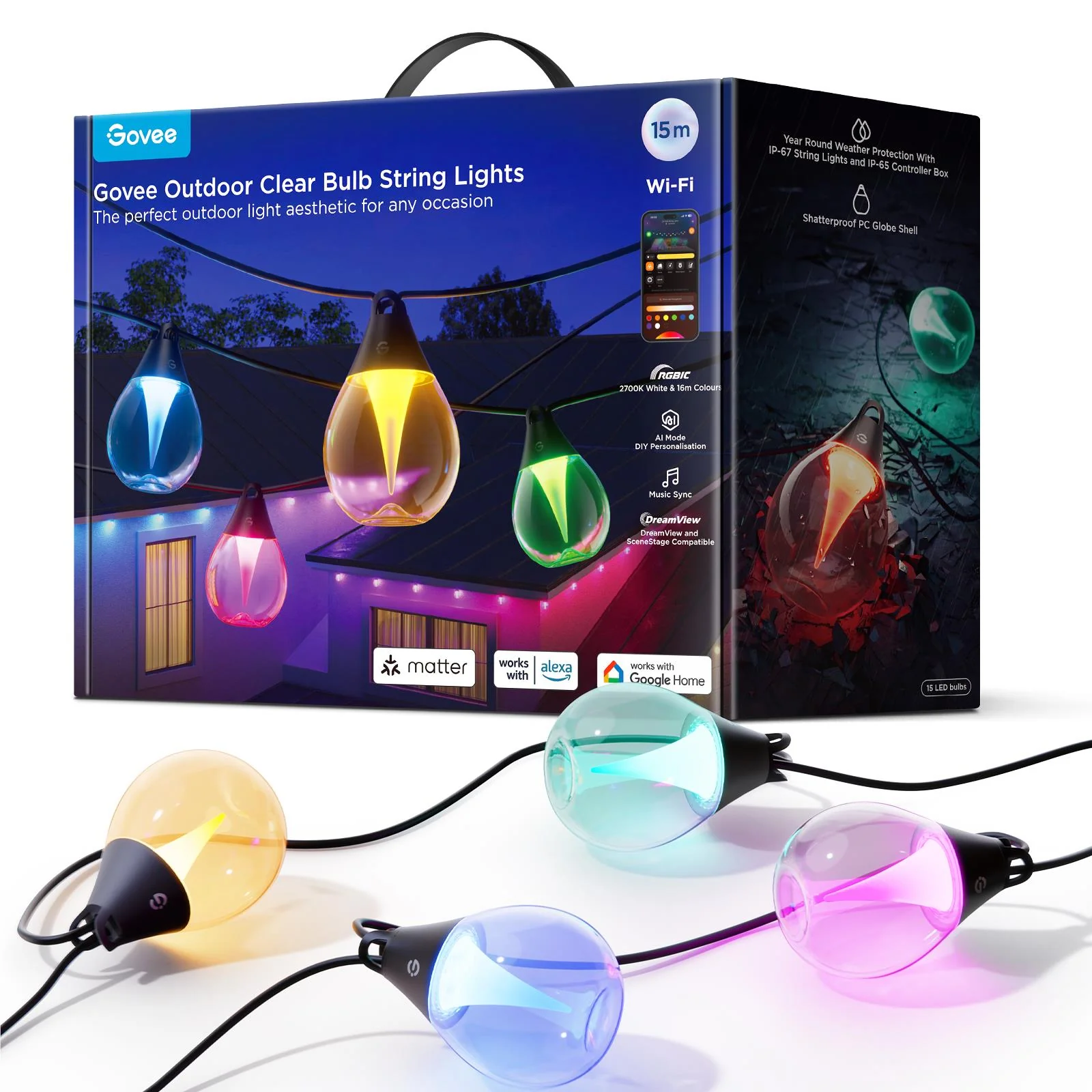 Govee Outdoor Clear Bulb String Lights (15m) - Image 2