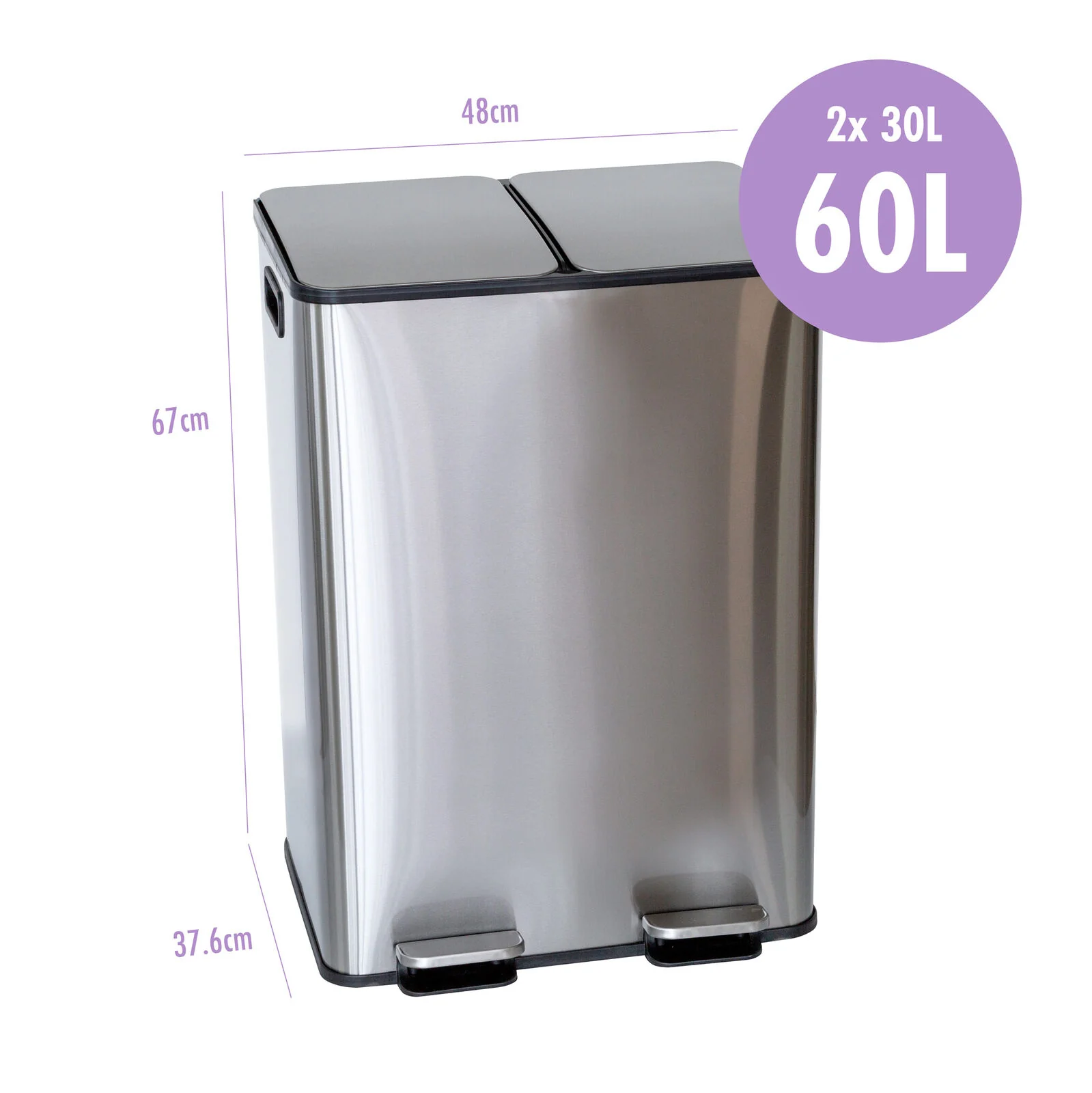 Healthy Choice Stainless Steel Dual Compartment (30L each Section) Pedal Operation Rubbish Bin - Image 3