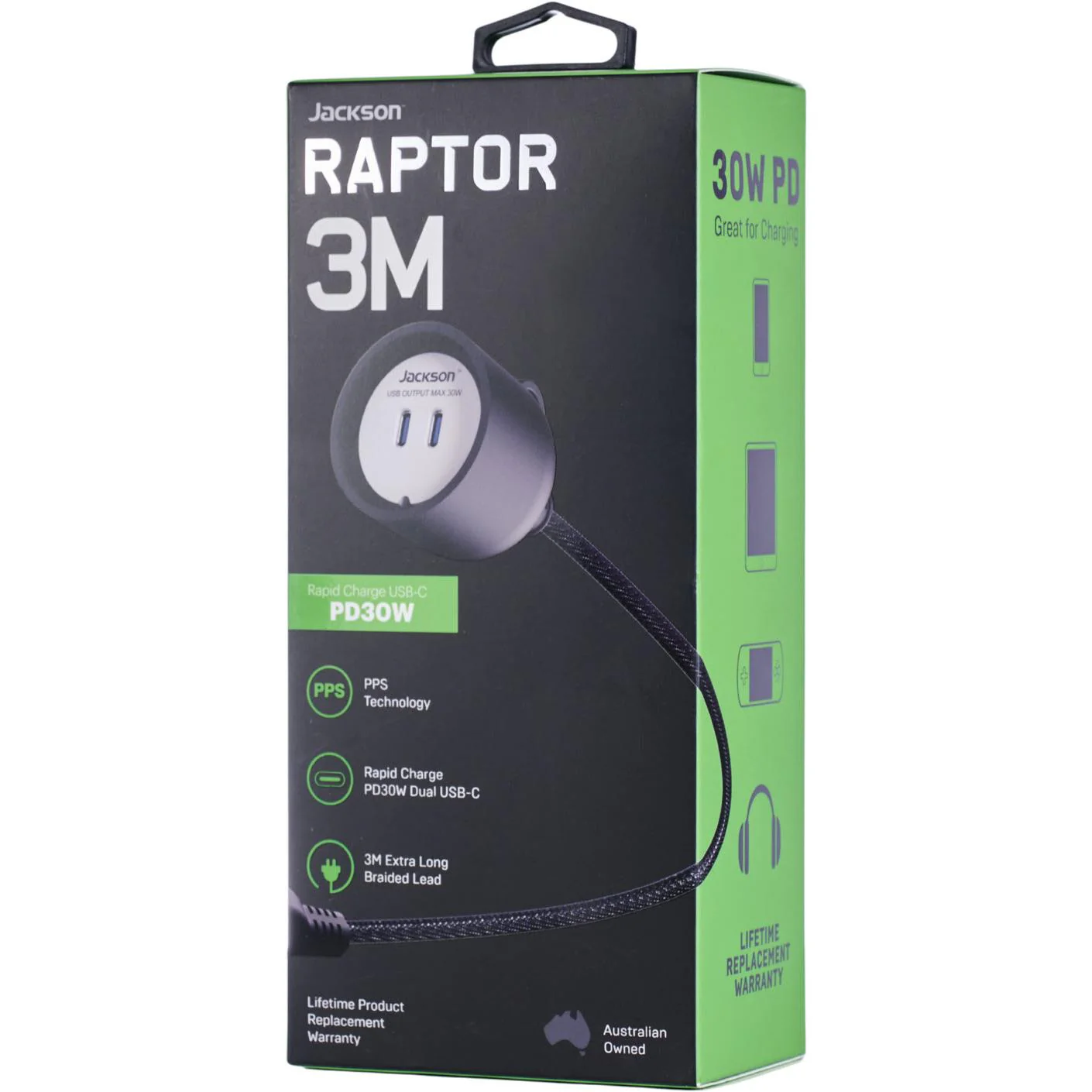 Jackson Raptor 30W Dual USB-C PD30W Charging Lead 3M - Image 2