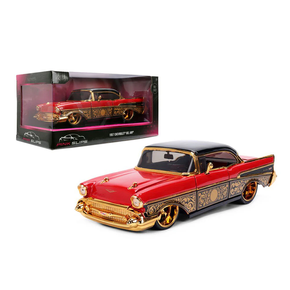 Jada 1:24 Pink Slips 1957 Chevrolet Bel Air Red Gold Diecast Vehicle Model - Image 2