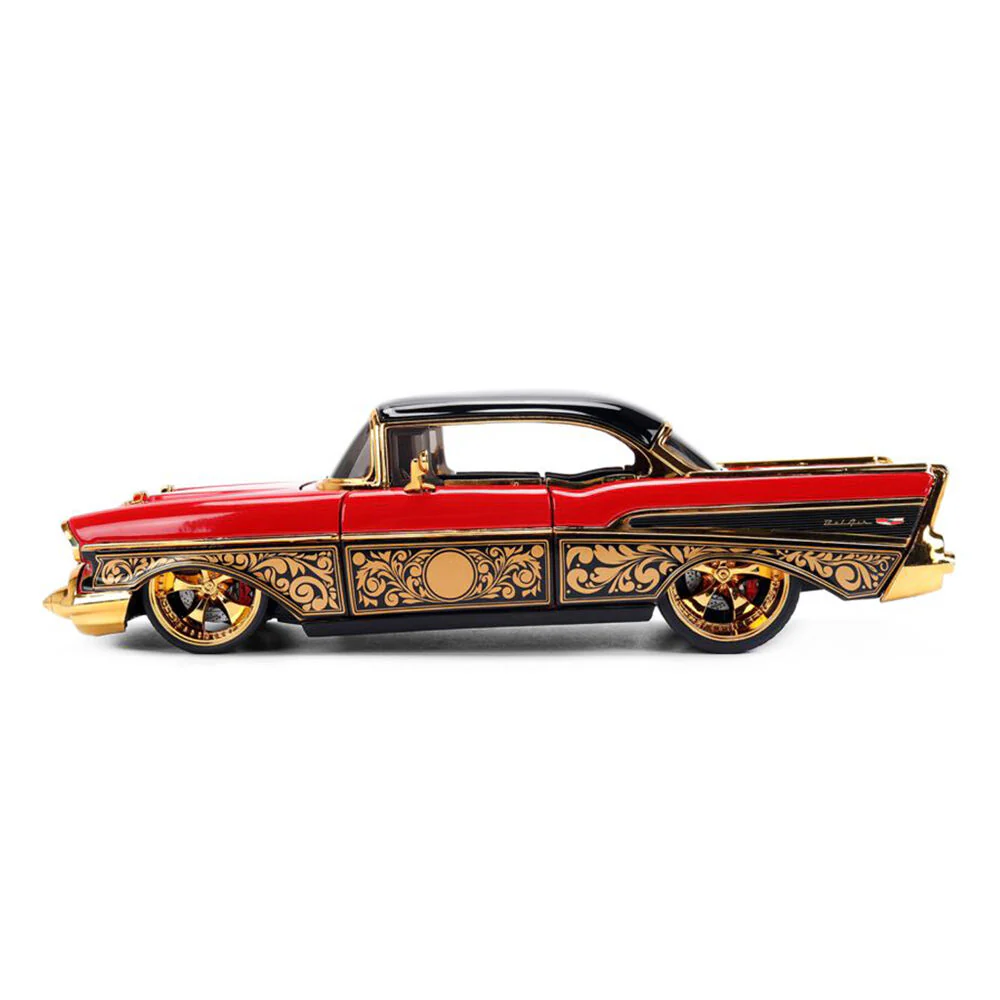 Jada 1:24 Pink Slips 1957 Chevrolet Bel Air Red Gold Diecast Vehicle Model - Image 4