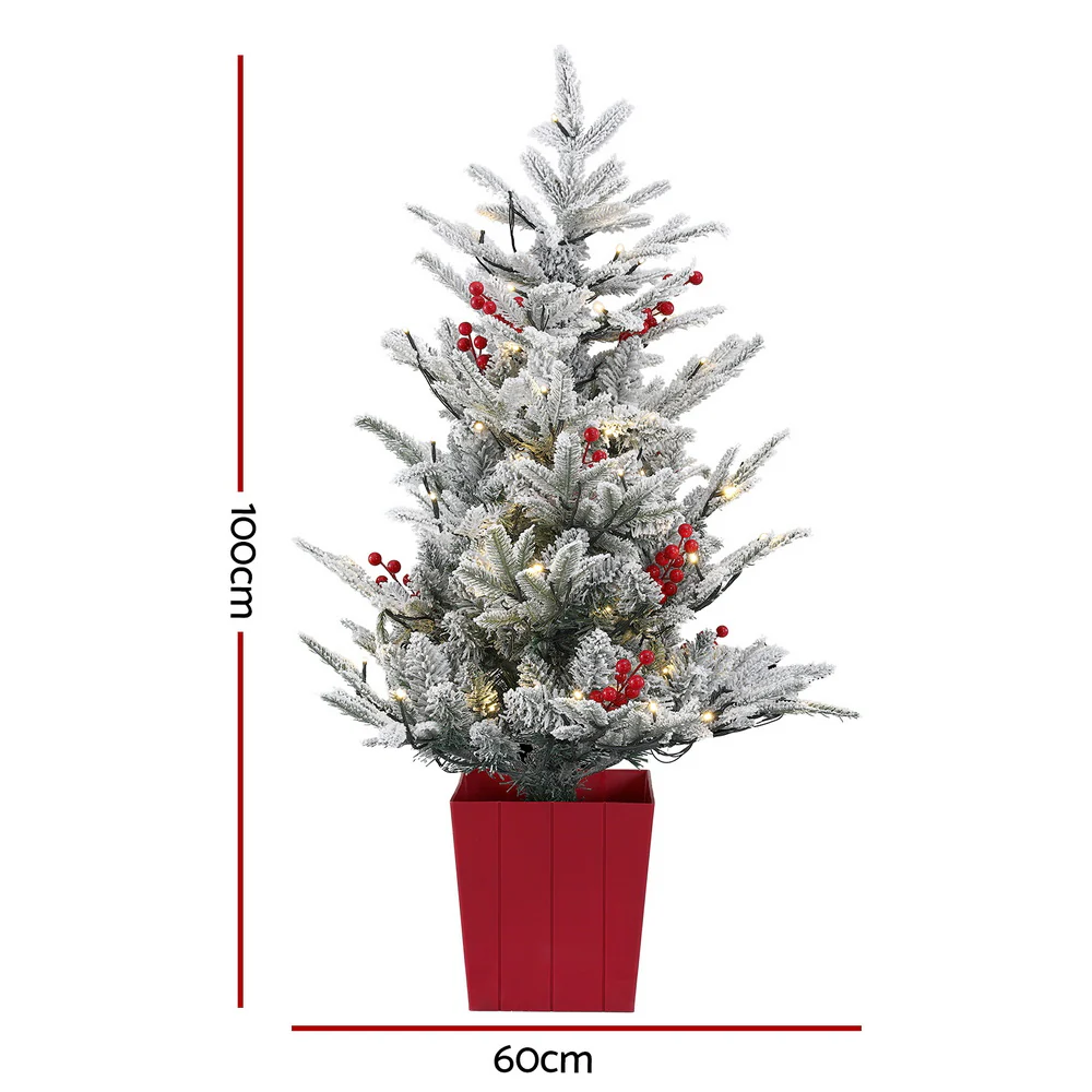 Jingle Jollys Christmas Tree 1M LED Potted Xmas Party Decor Red Barries Flocked - Image 2