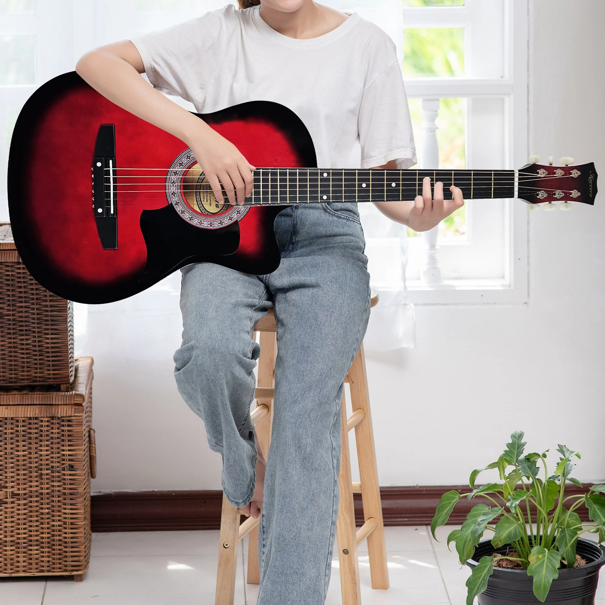 Karrera 38" Pro Cutaway Acoustic Guitar with Carry Bag (Red Burst) - Image 10
