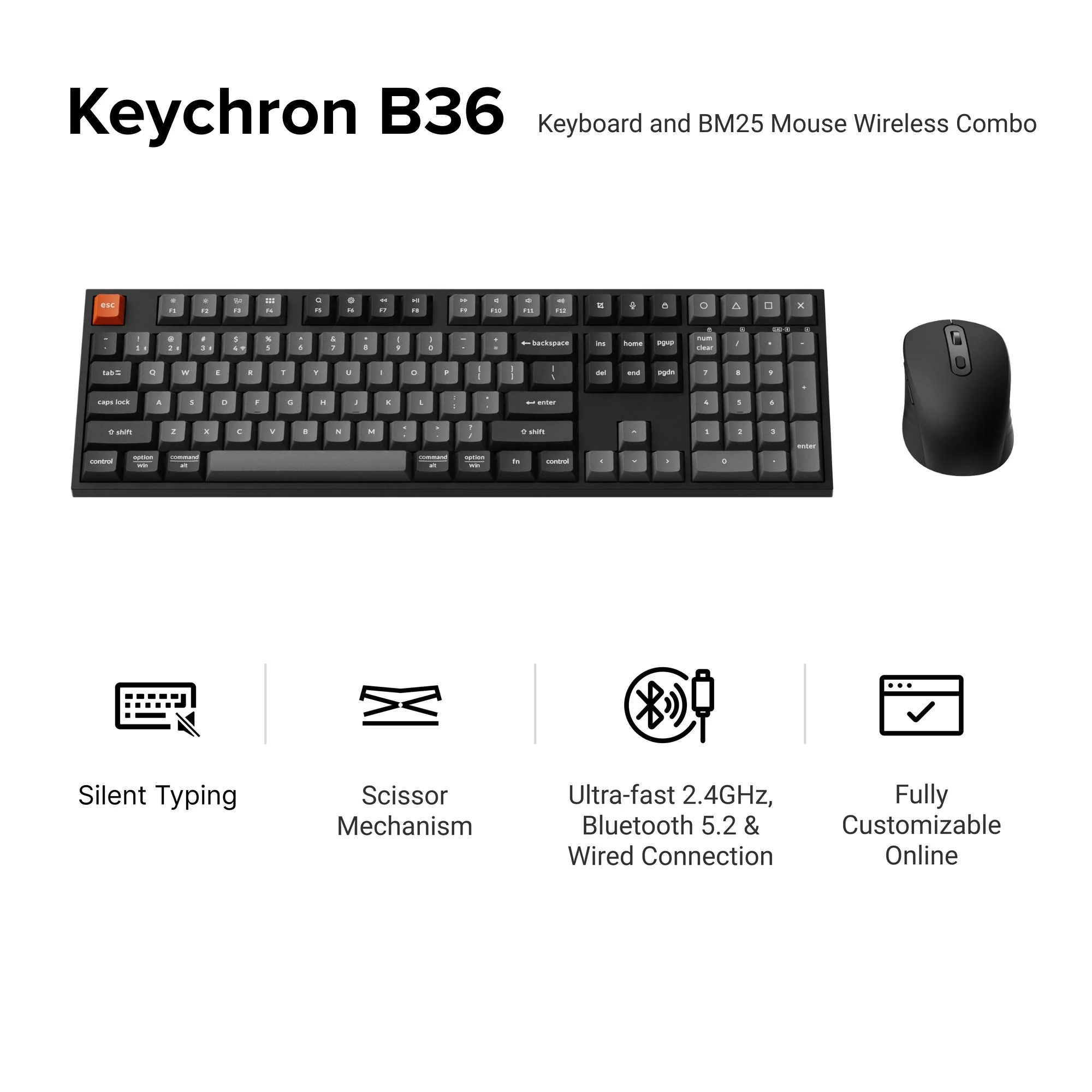 Keychron B36 Silent Keyboard and BM25 Silent Mouse Wireless Combo (Classic Black) - Image 2