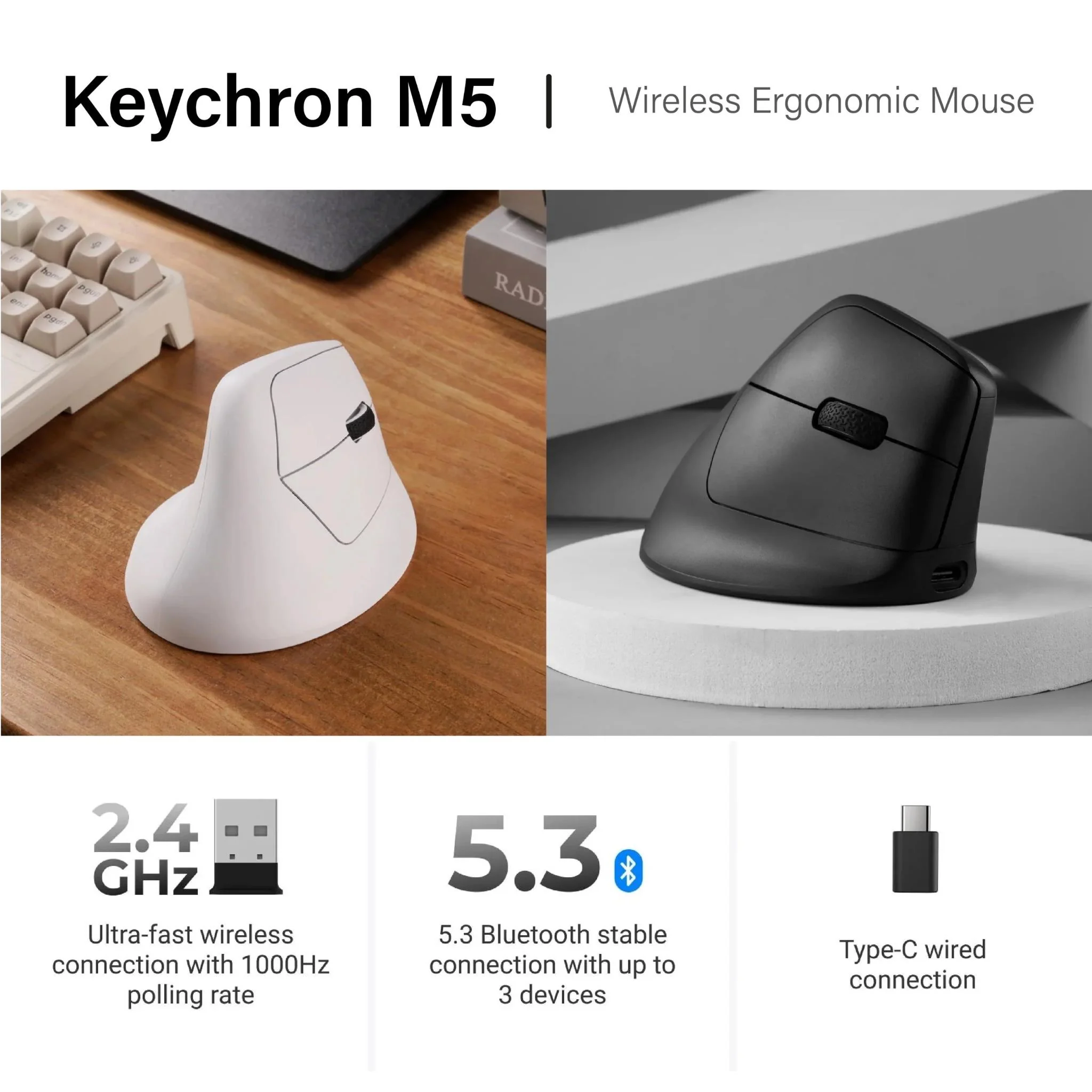 Keychron M5 PixArt 3950 8K Polling Rate Wireless Ergonomic Mouse (White) - Image 3