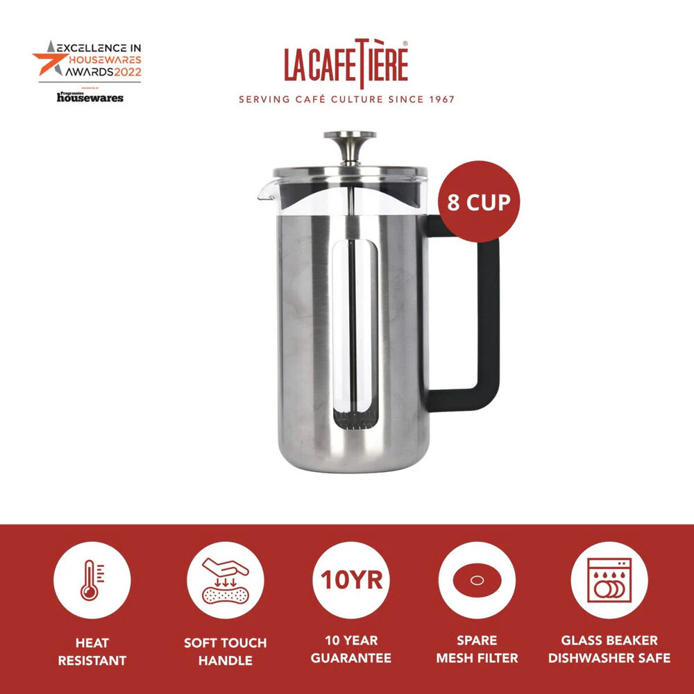 La Cafetiere Pisa 8-Cup 1L Brushed Stainless Steel/Glass French Press (Silver) - Image 5