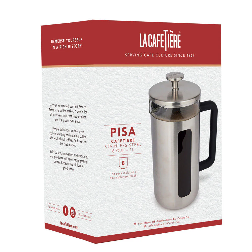 La Cafetiere Pisa 8-Cup 1L Brushed Stainless Steel/Glass French Press (Silver) - Image 8