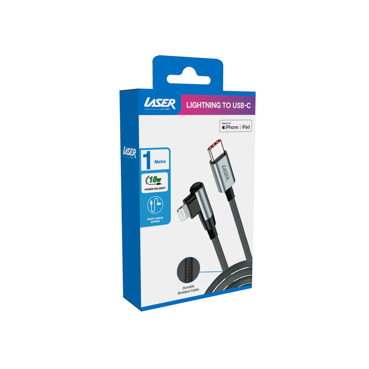 Laser 1m 18W Right Angle Lightning to USB-C Braided Cable - Image 3