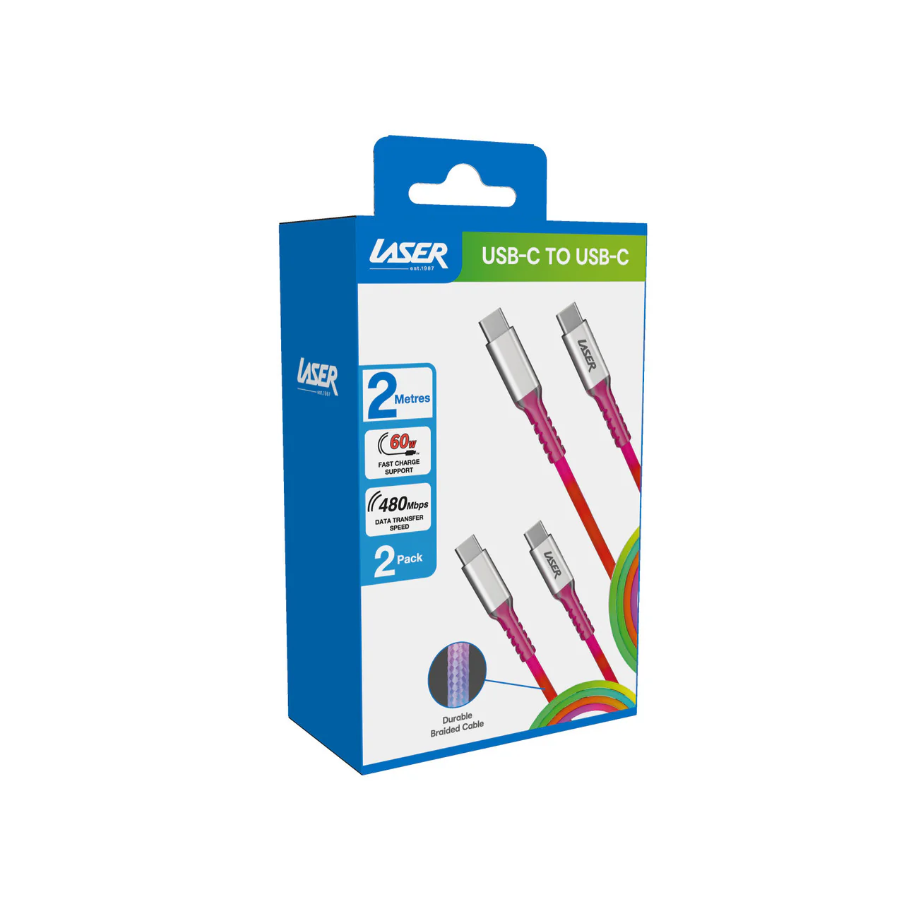 Laser 2m (2-pack) USB-C to USB-C Braided Cable (Rainbow) - Image 4