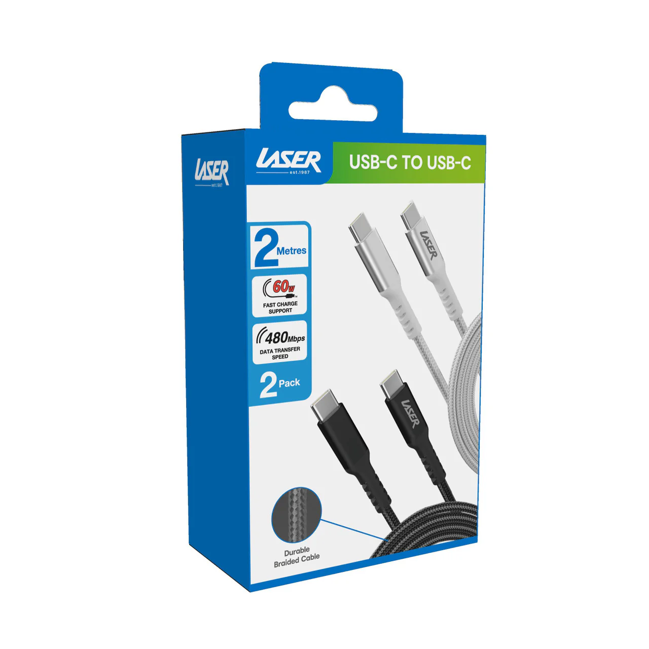 Laser 2m (2-pack) USB-C to USB-C Cable 60W (Black/Silver) - Image 4