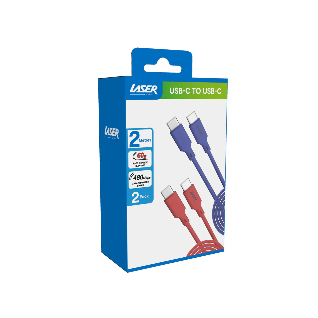 Laser 2m (2-pack) USB-C to USB-C Cable 60W (Red/Blue) - Image 3