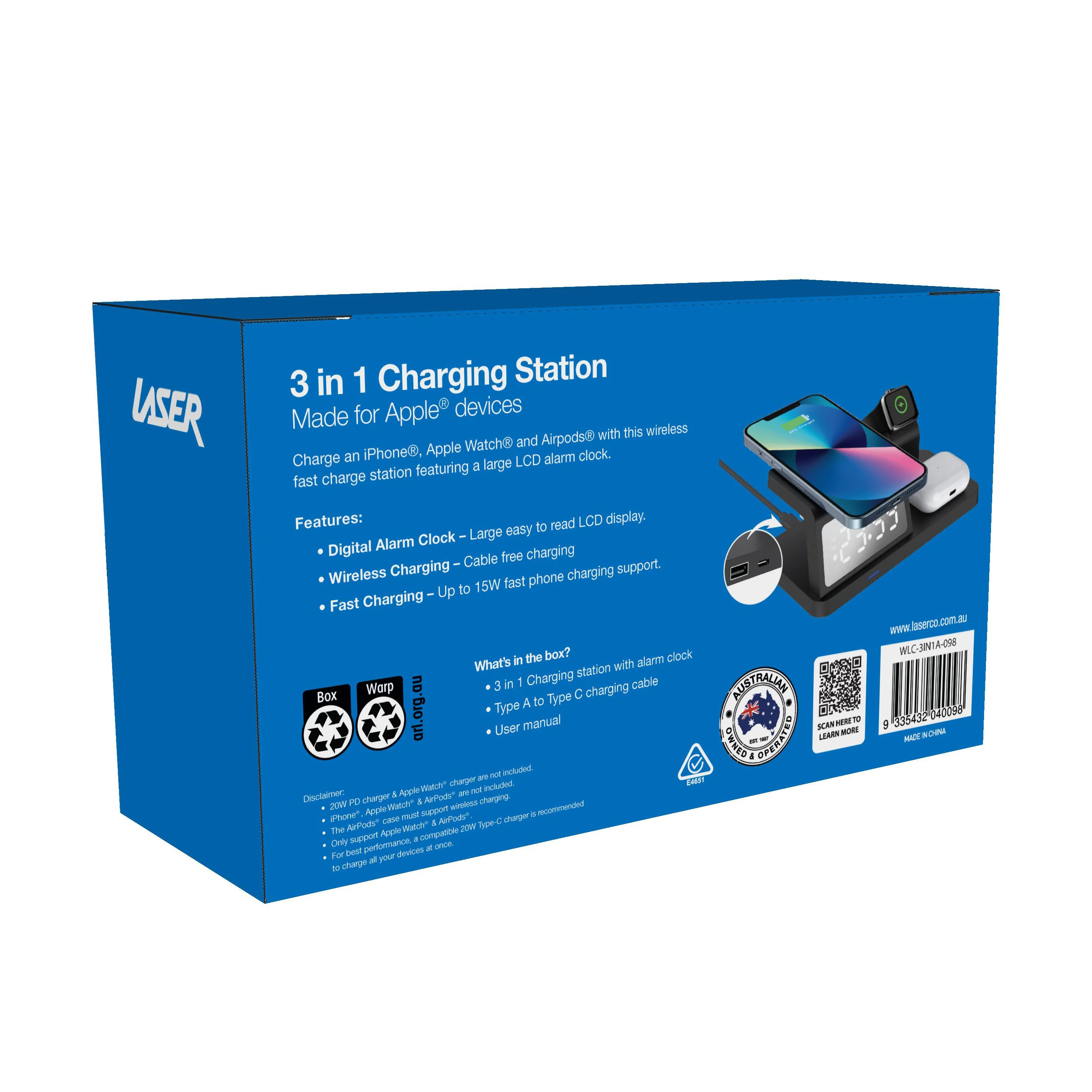 Laser 3-in-1 Wireless Charging Station with Alarm Clock (Black) - Image 7