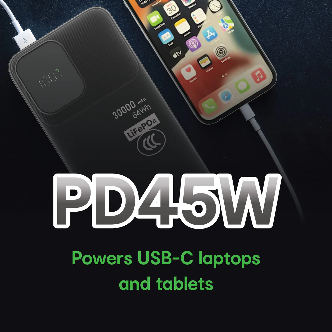 Laser 30000mAh LiFePO4 45W Power Bank with Built-In Cables (Black) - Image 5
