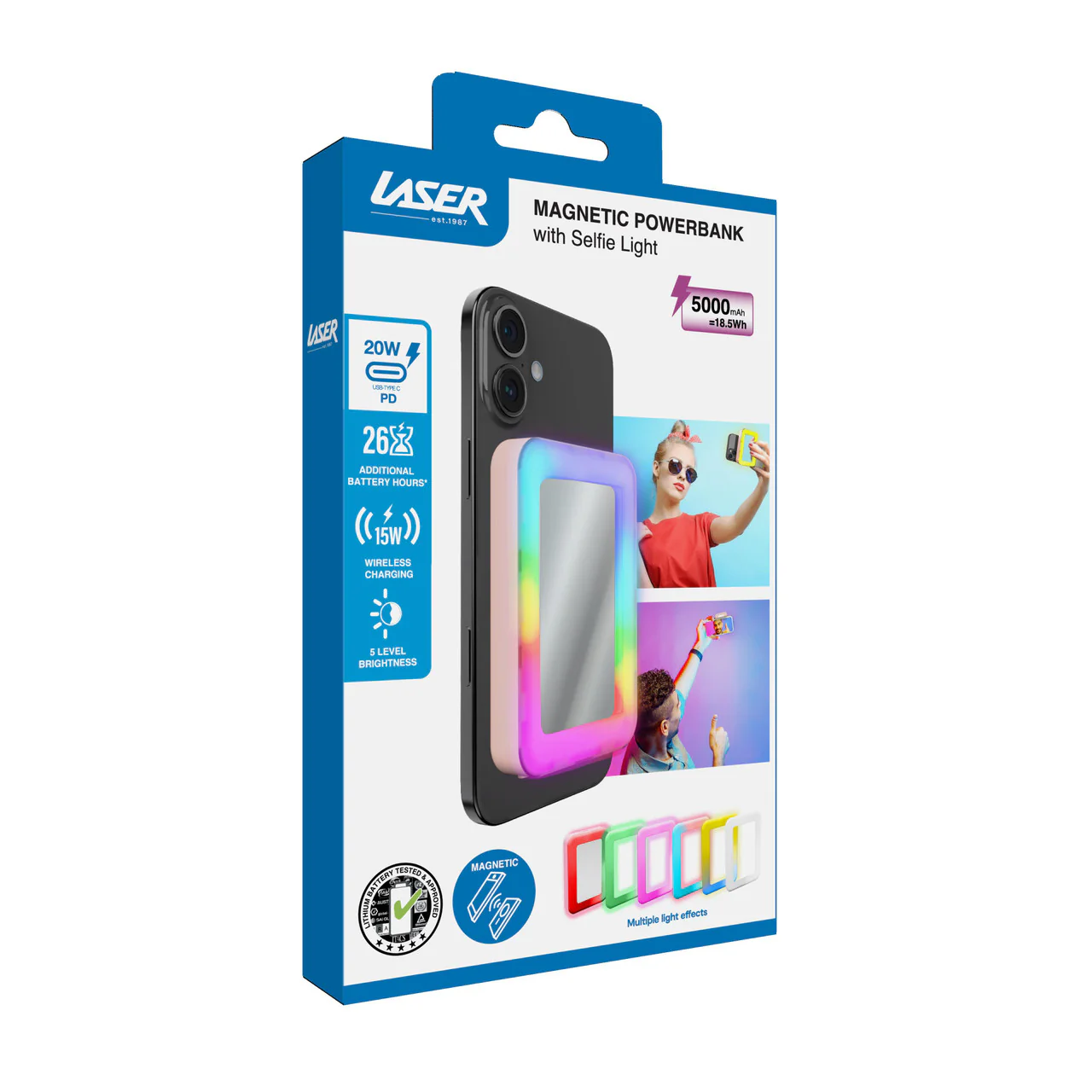 Laser 5000mAh Magnetic Wireless Power Bank with Mirror and Selfie Light (Pink) - Image 7