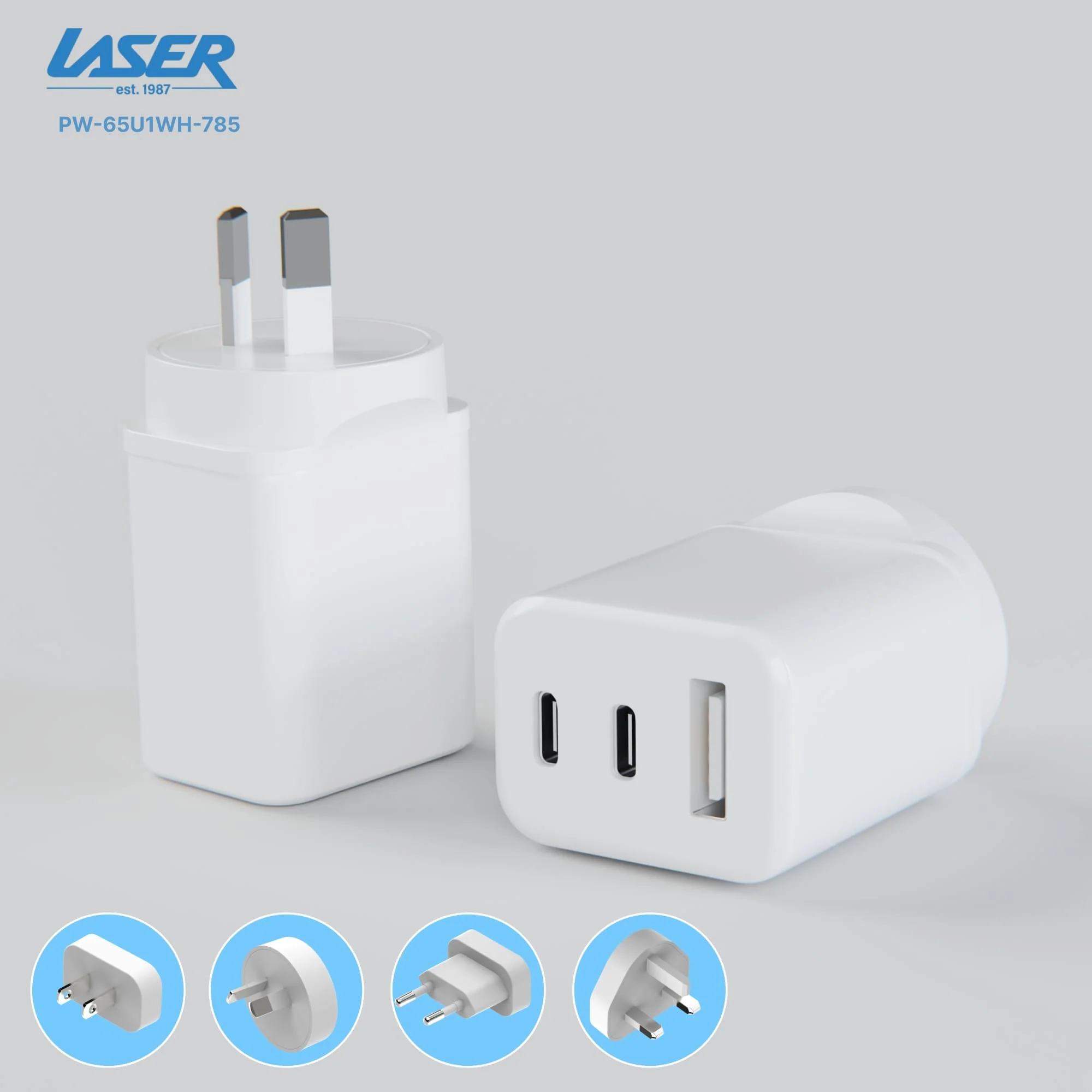 Laser 65W GaN USB Wall Charger with 4 International Plug Adaptors (White) - Image 3