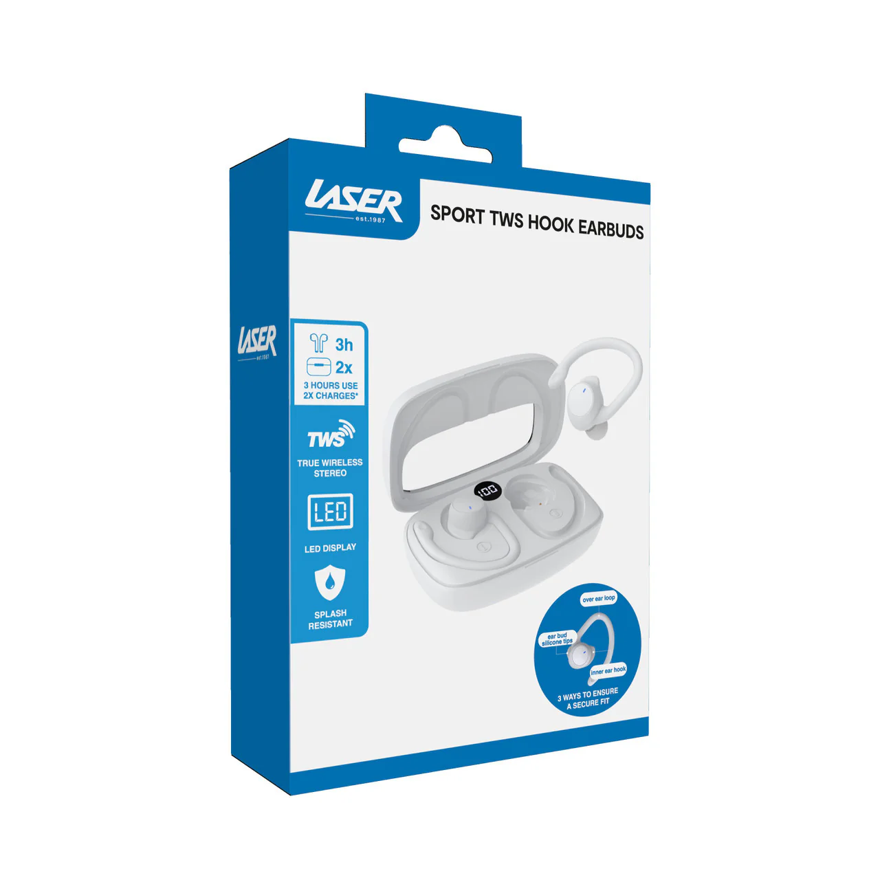 Laser Sport TWS Hook Earbuds with LED Display (White) - Image 3