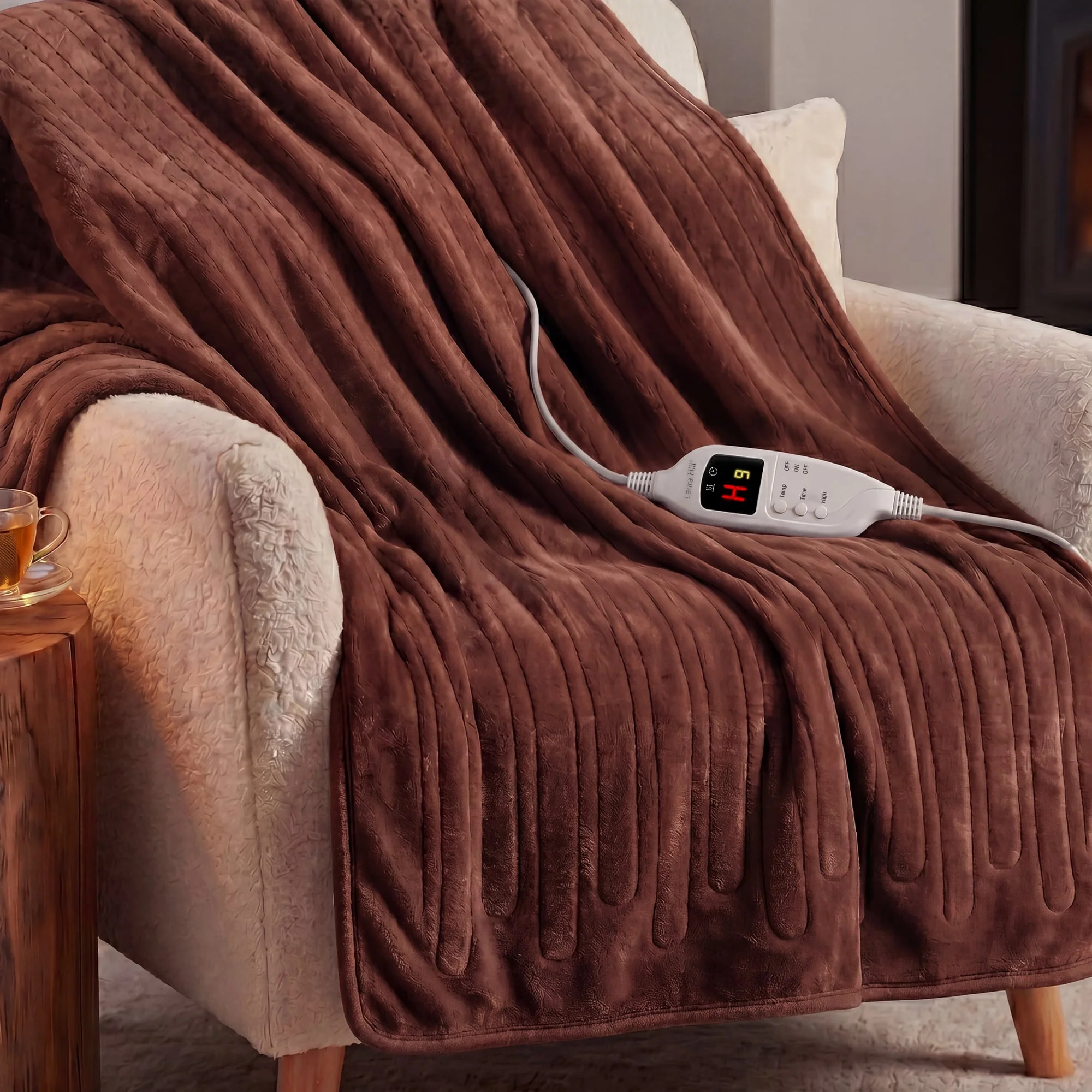 Laura Hill Heated Electric Blanket Fleece Throw (Brown) - Image 6